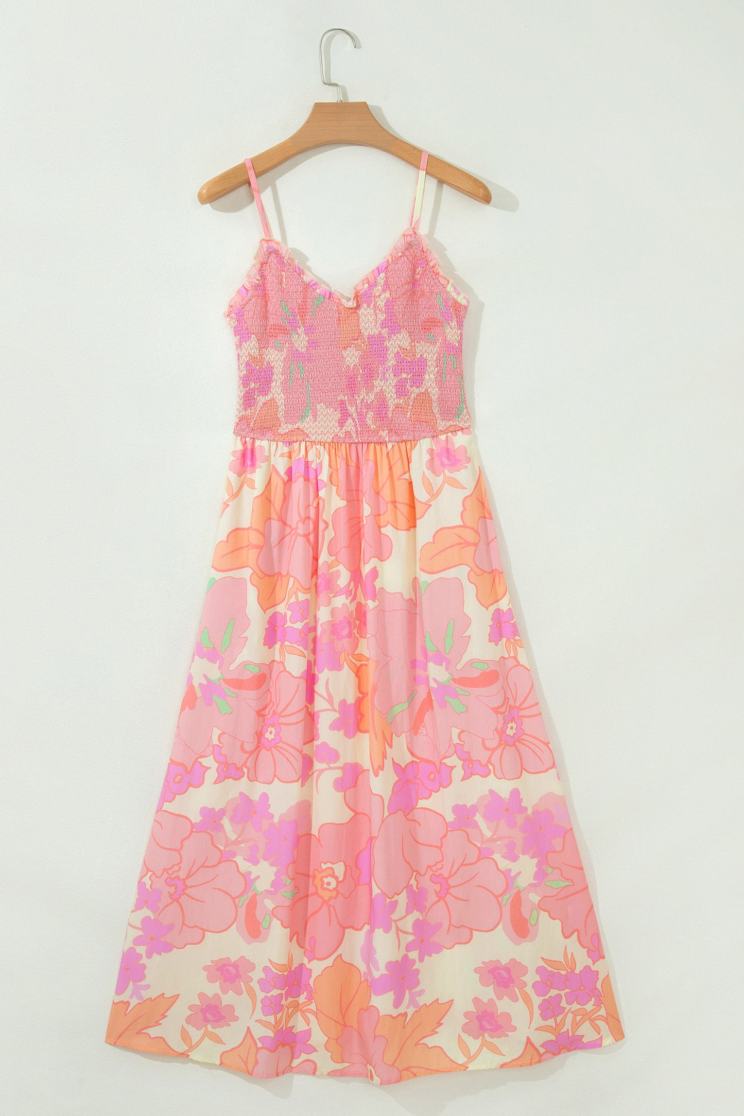 Pink Spaghetti Straps Floral Shirred High Waist Dress