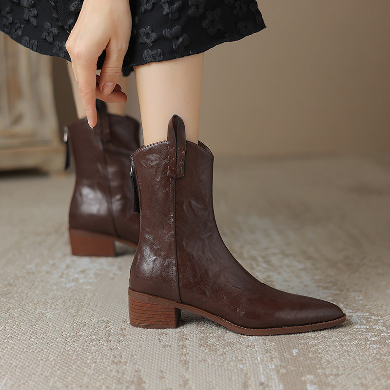 Pointed-toe Western cowboy boots, chunky-heeled stylish ankle boots