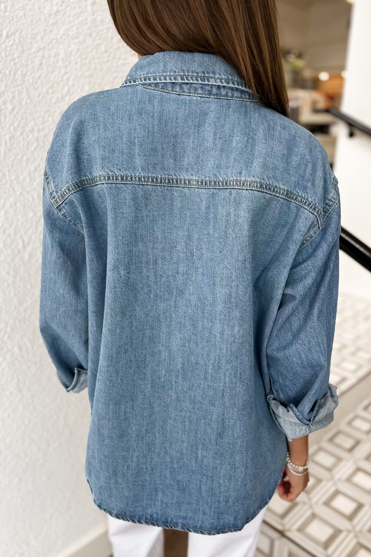 Sky Blue Oversized Denim Shirt Enzyme Washed Pocket Detail Long Sleeve Tunic Top