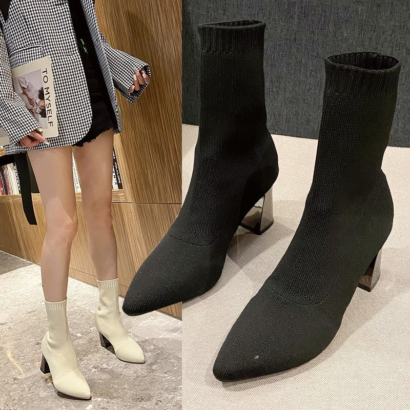 thick-heeled sock boots, pointed-toe elastic boots