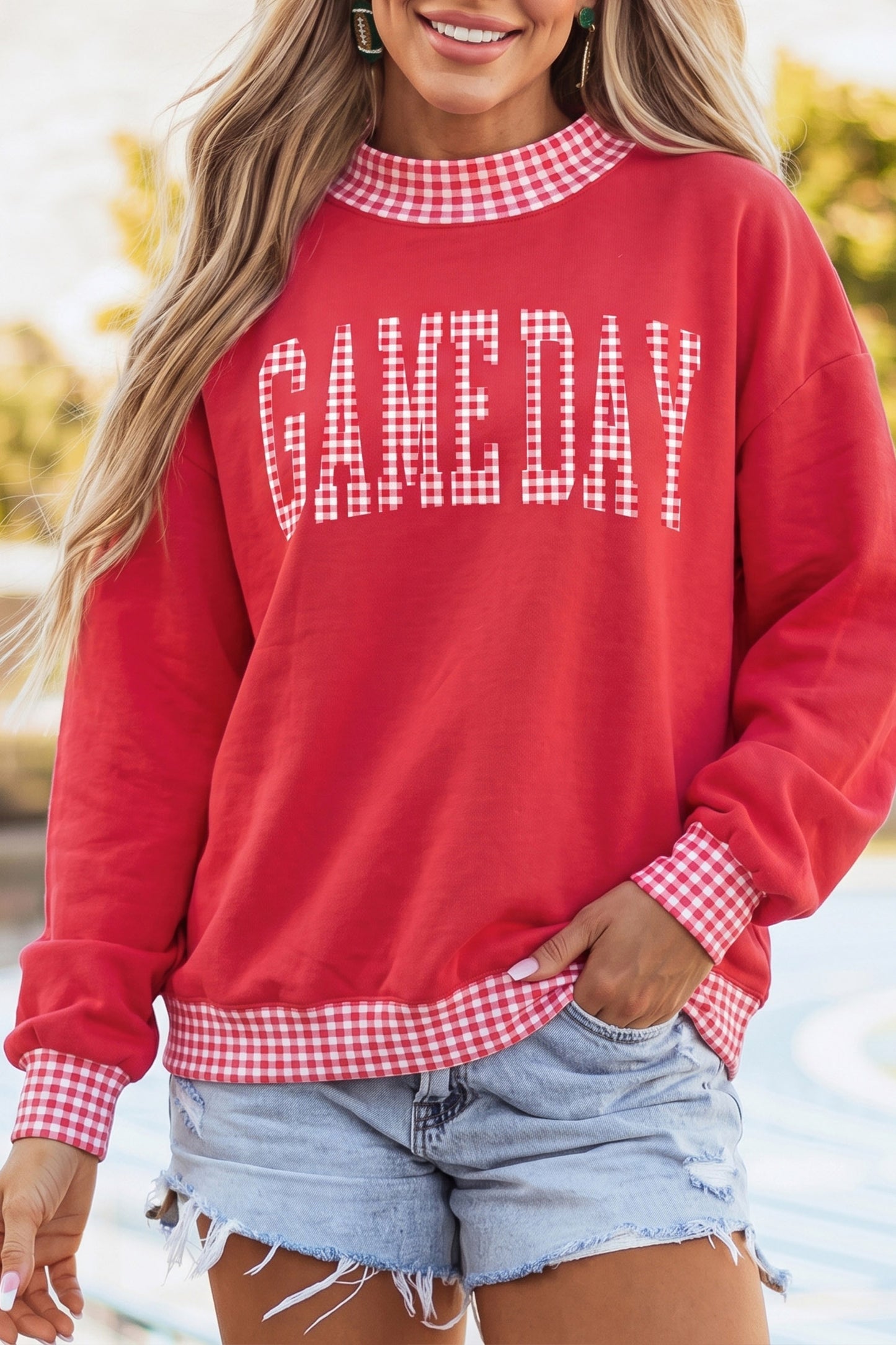 Fiery Red Gingham Plaid Letter Print Tunic Pullover Sweatshirt