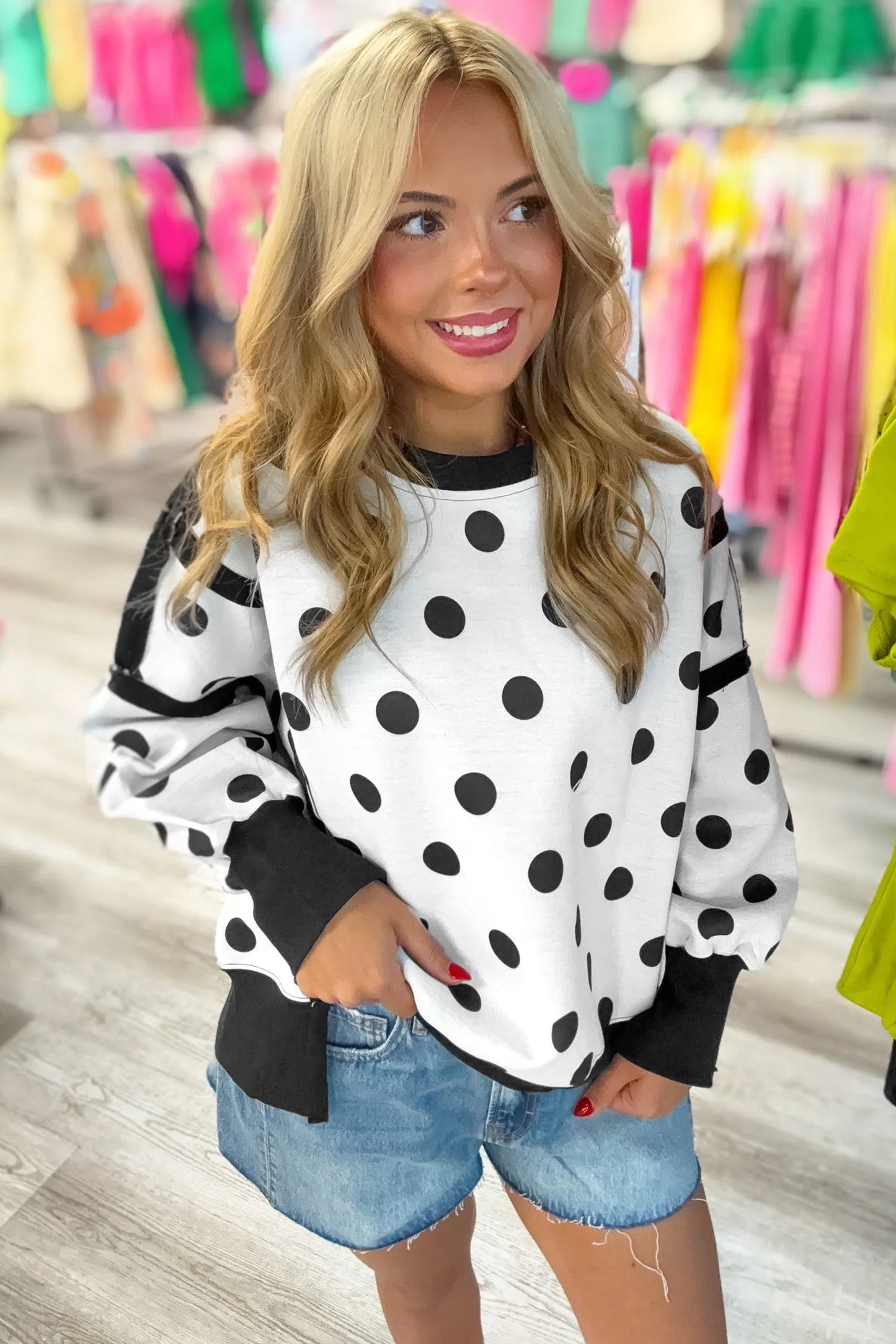 Blue Polka Dot Contrast Patchwork Round Neck Baggy Sweatshirt