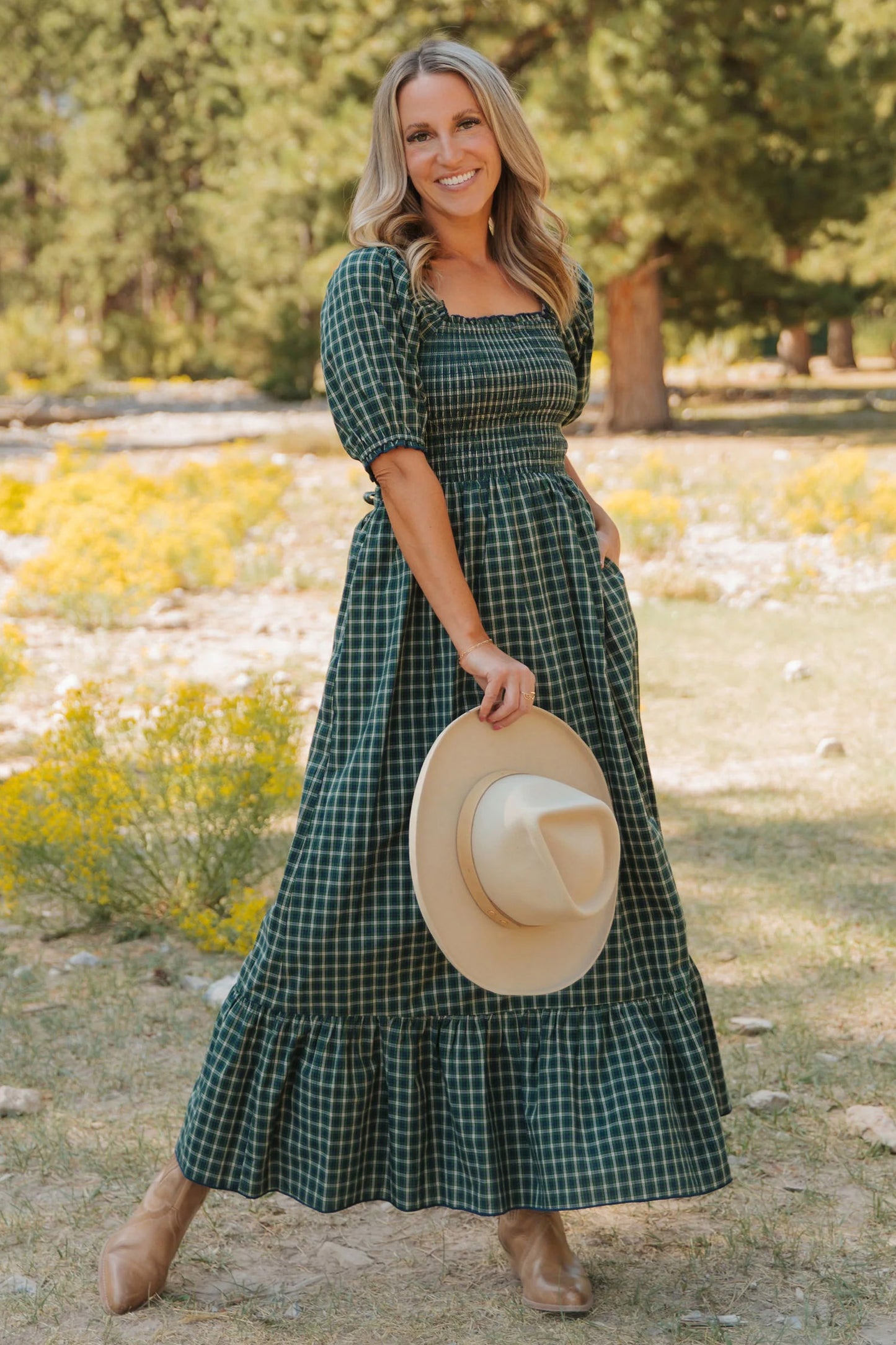 Green Square Collar Short Sleeve Plaid Dress Fit Flare Silhouette Long Daily Casual One Piece