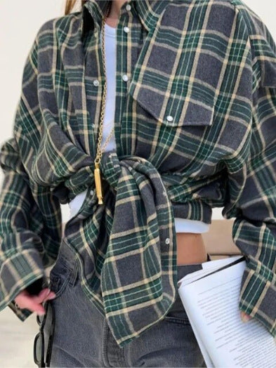 Loose fit plaid button down shirt
