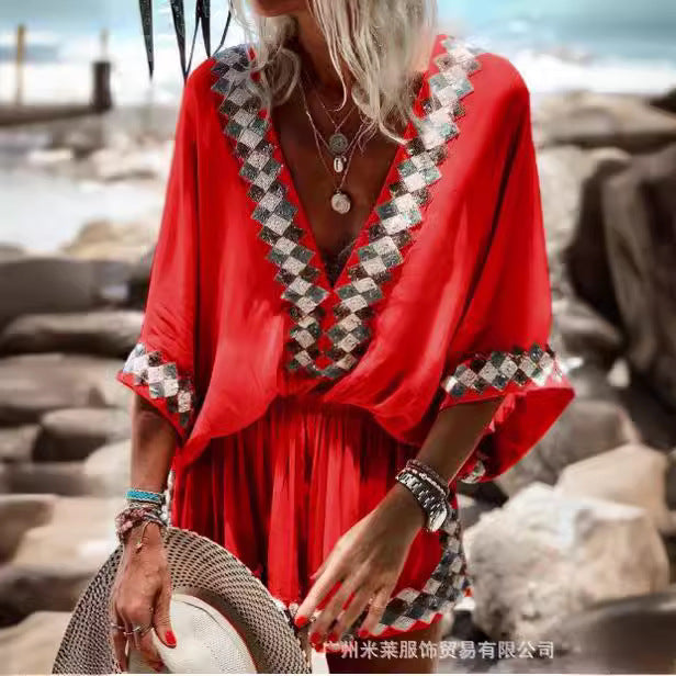short-sleeved Bohemian tunic dress