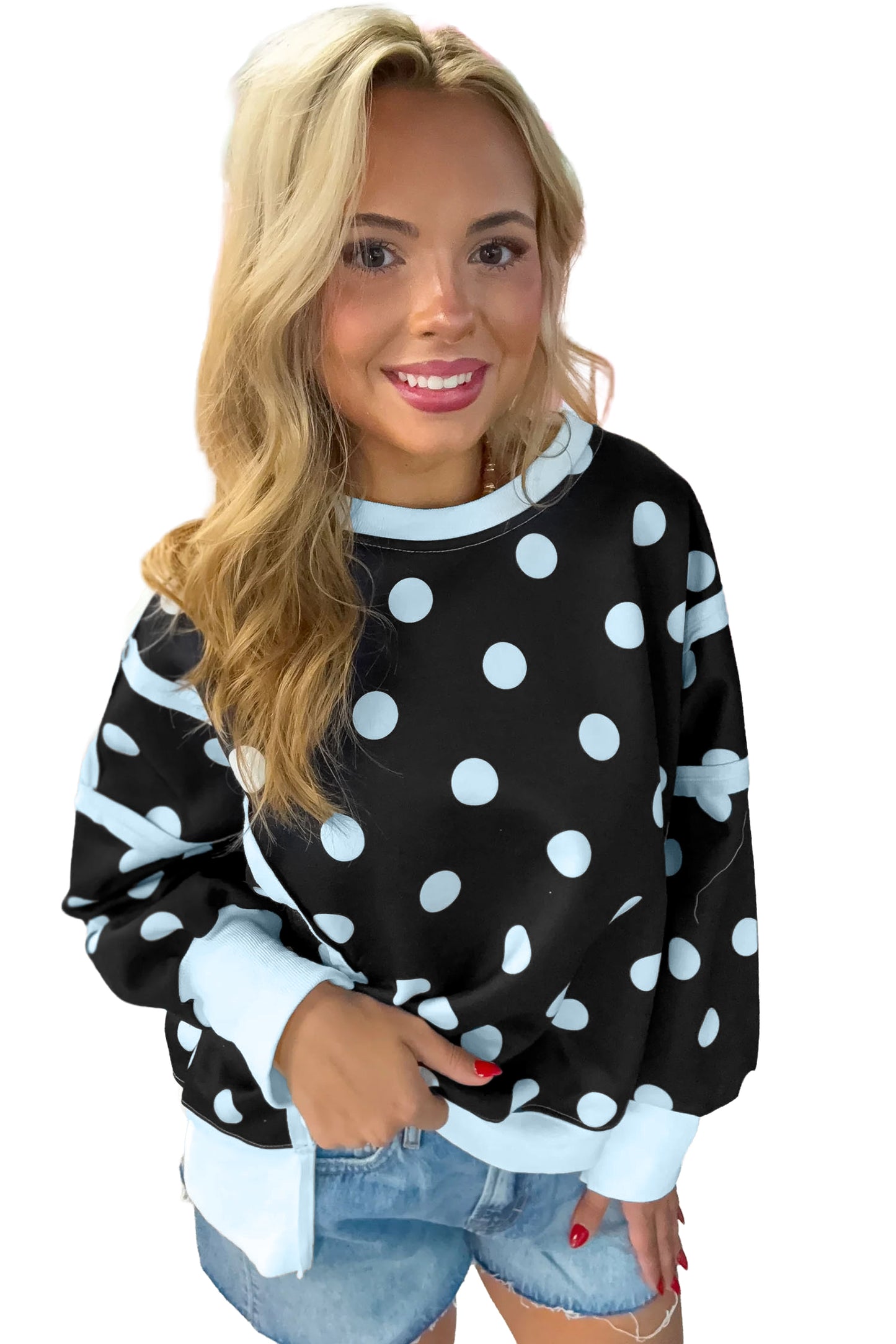 Blue Polka Dot Contrast Patchwork Round Neck Baggy Sweatshirt