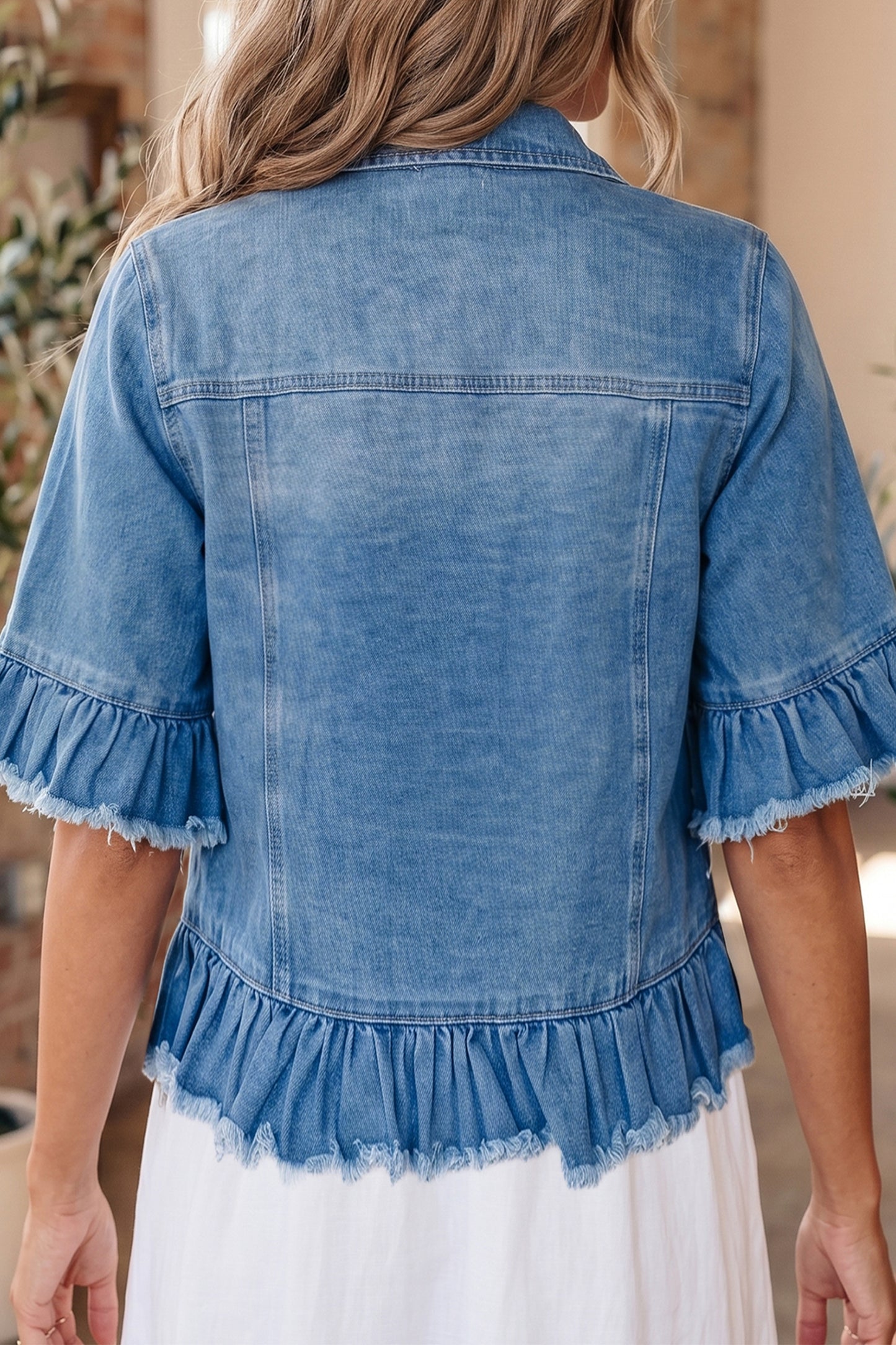 Blue Ruffle Hem Denim Jacket Half Sleeve Western Style