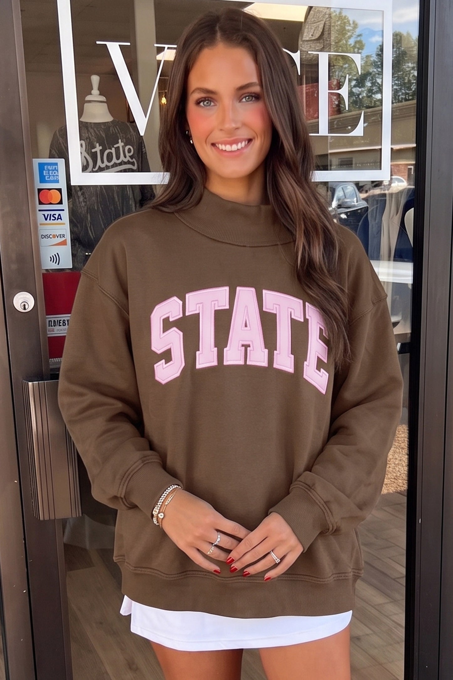 Light Grey Exposed Seam Mock Neck STATE Letter Graphic Loose Sweatshirt