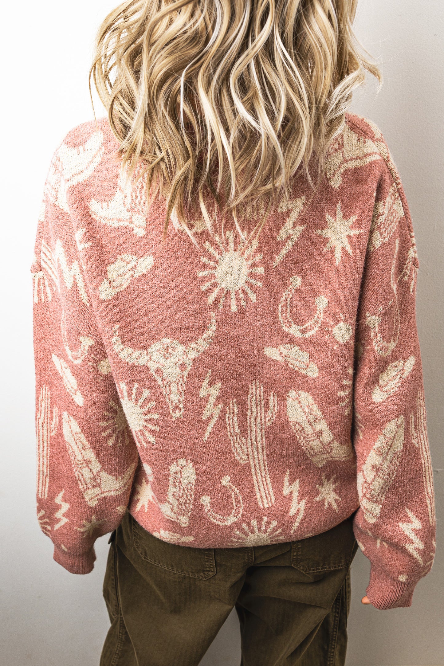 Peach Blossom Western Print Drop Shoulder Round Neck Long Sleeve Sweater