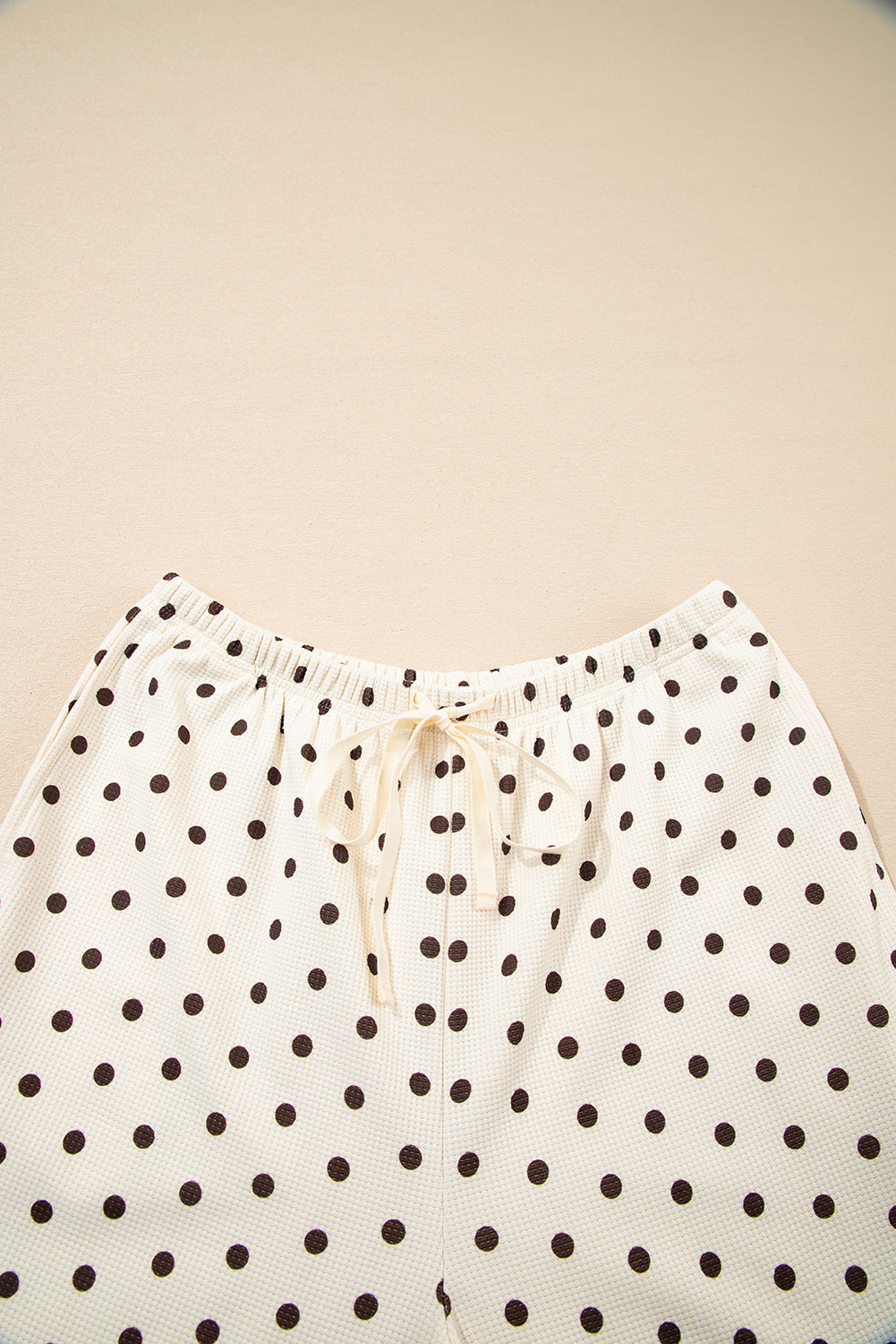 White Polka Dot Print Long Sleeve Top Drawstring Jogger Pants Lounge Set