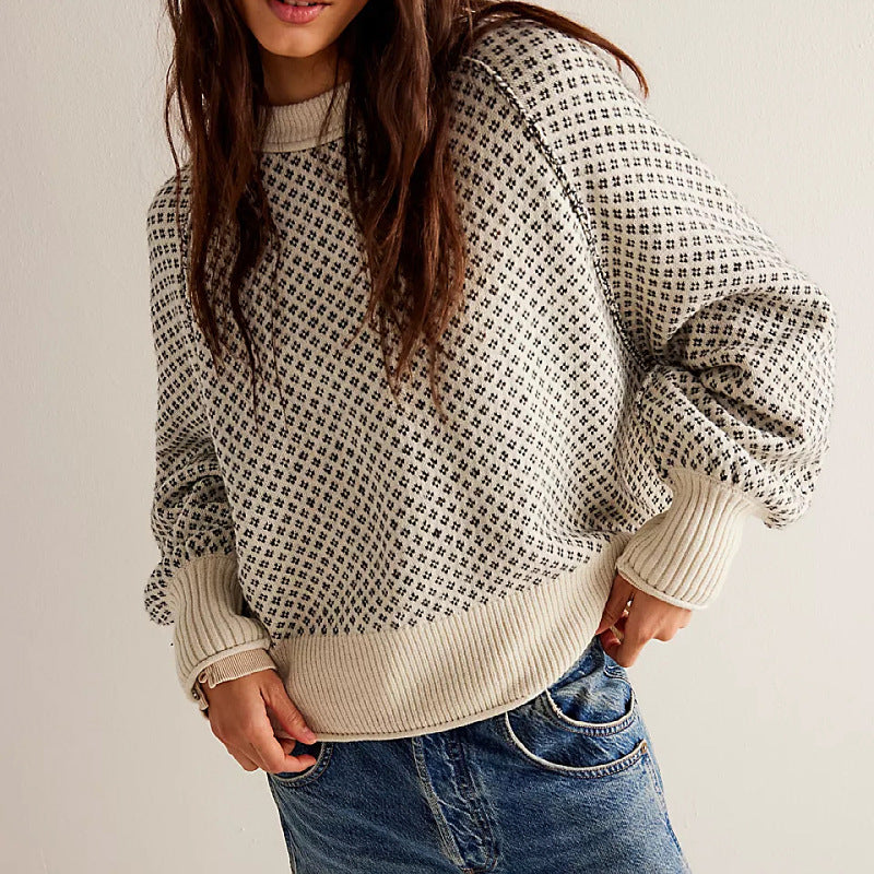 long-sleeved jacquard round-neck sweater
