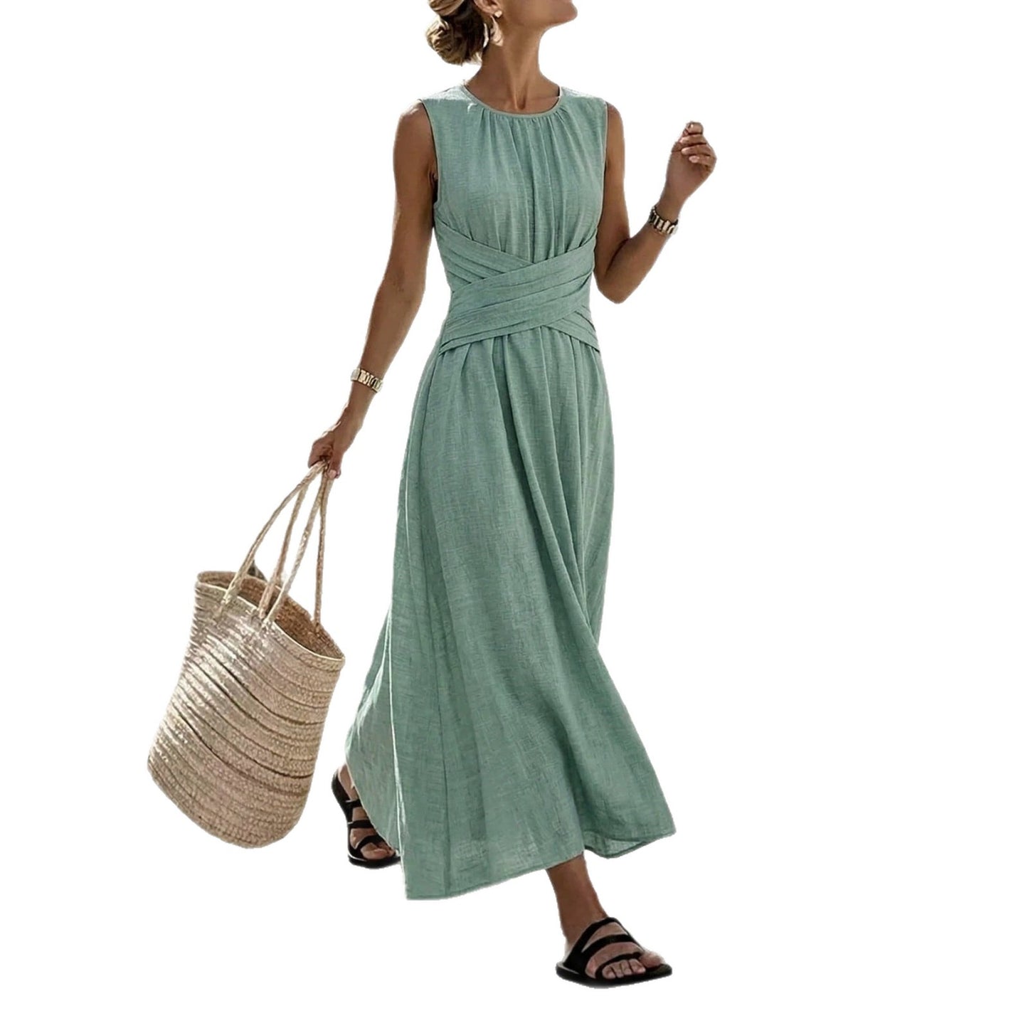 sleeveless waist-cinching long dress