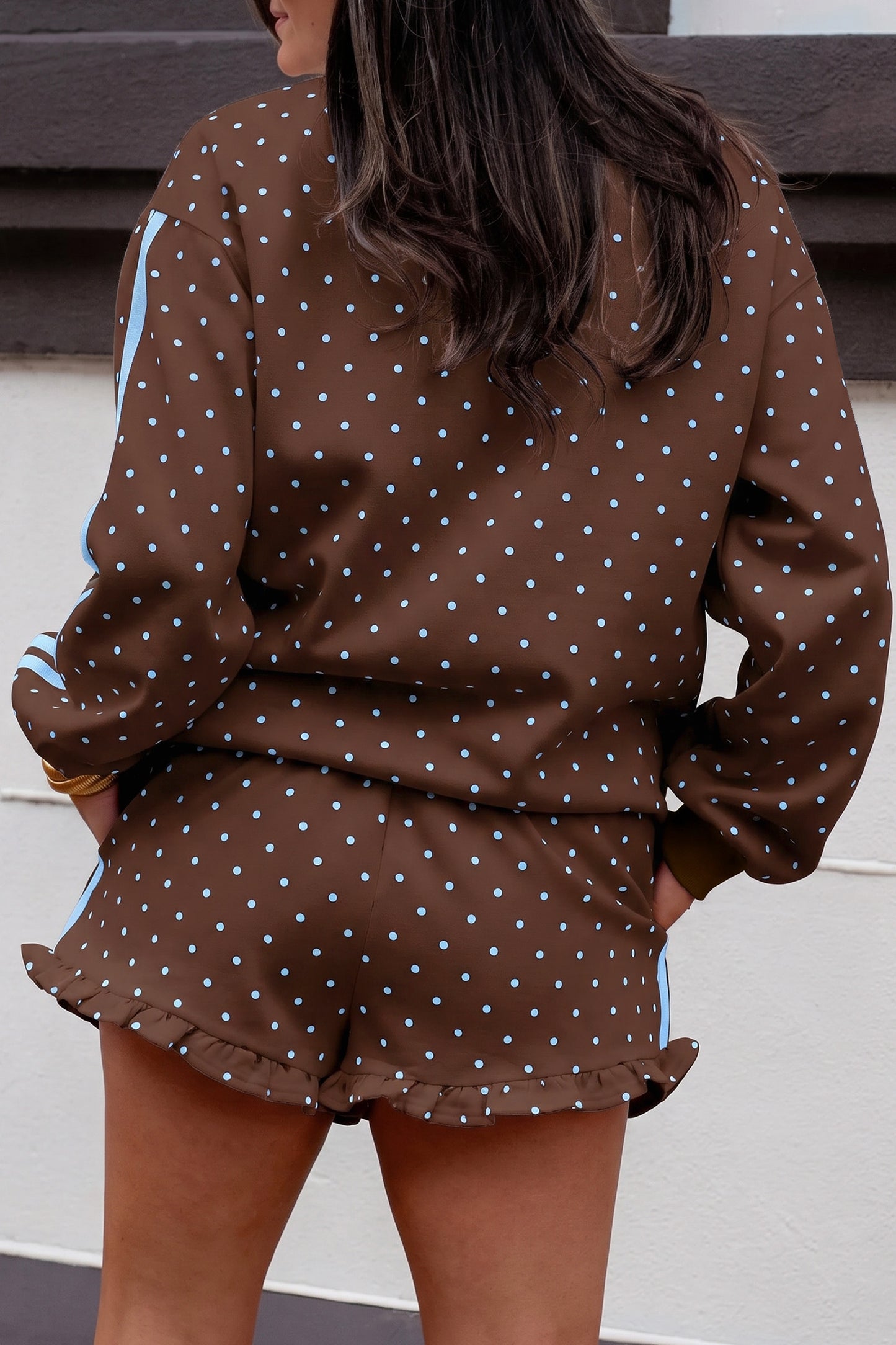 Brown Polka Dot Print Side Stripe Detail Casual Sweatshirt 2pcs Short Set