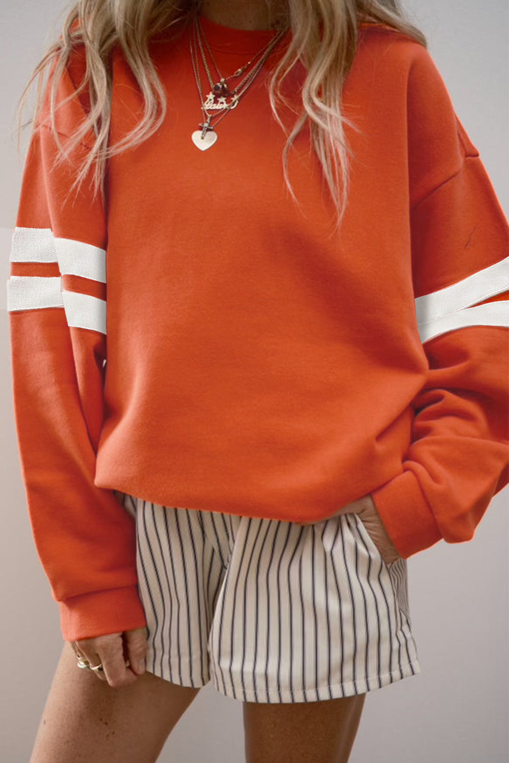 Navy Blue Preppy Striped Sleeve Loose Sweatshirt
