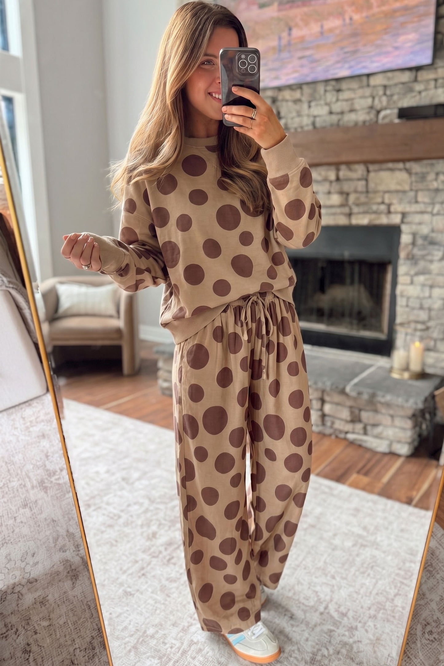 Khaki Polka Dot Long Sleeve Top Drawstring Relaxed Pants Set