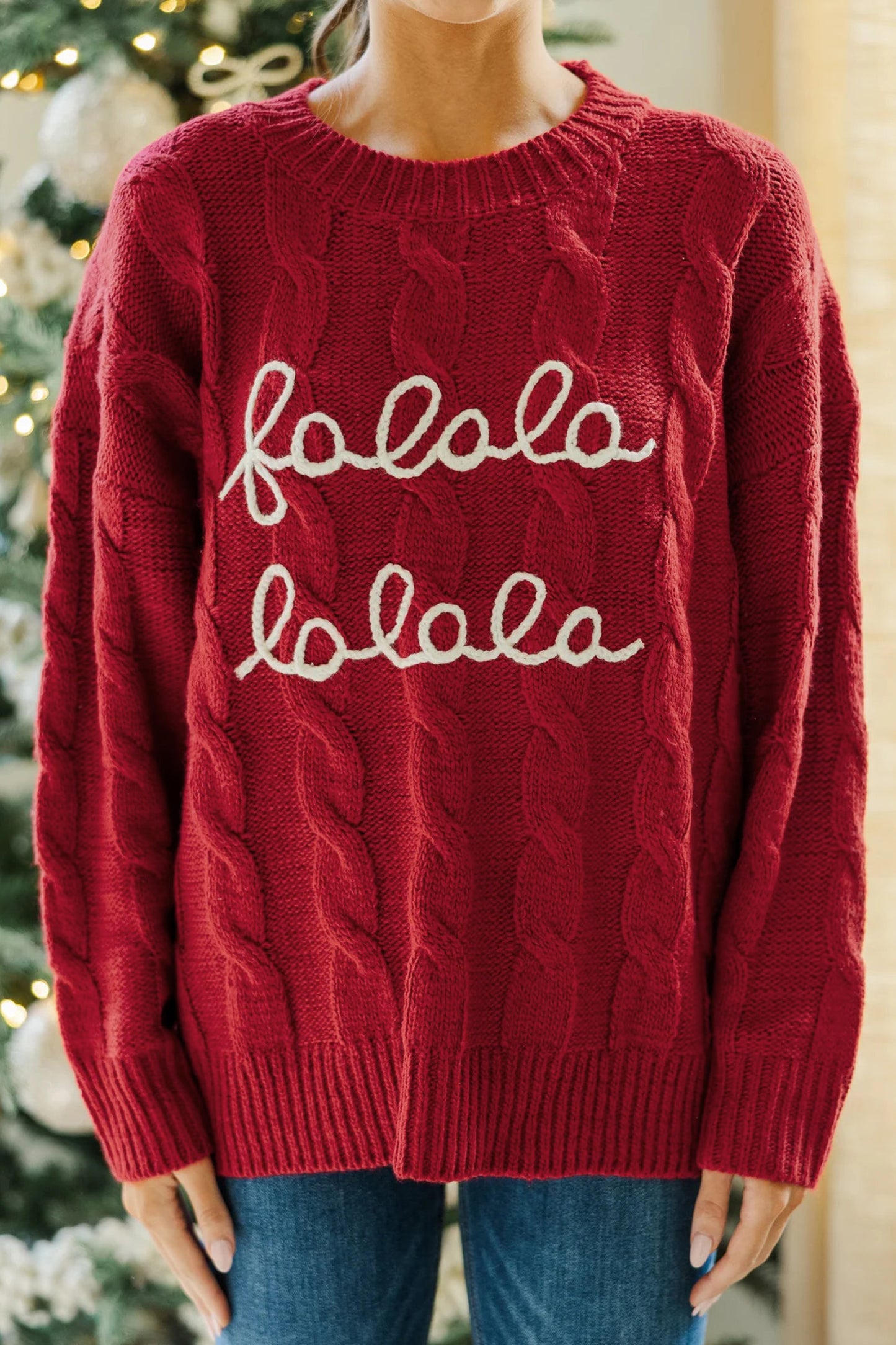 Fiery Red Falala Cable Knit Dropped Shoulder Pullover Sweater
