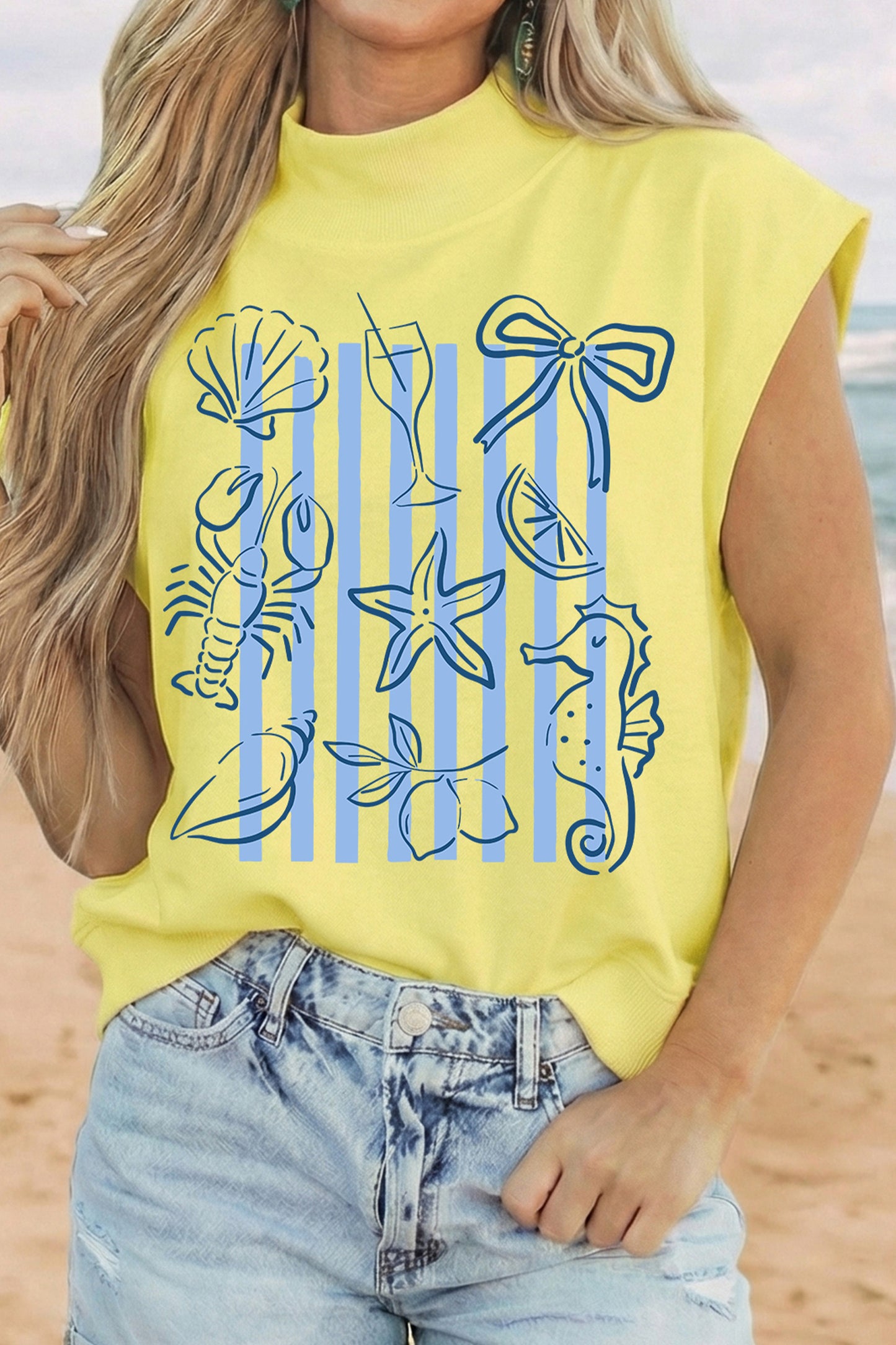 Yellow Seashell Coquette Striped Print High Neck Top