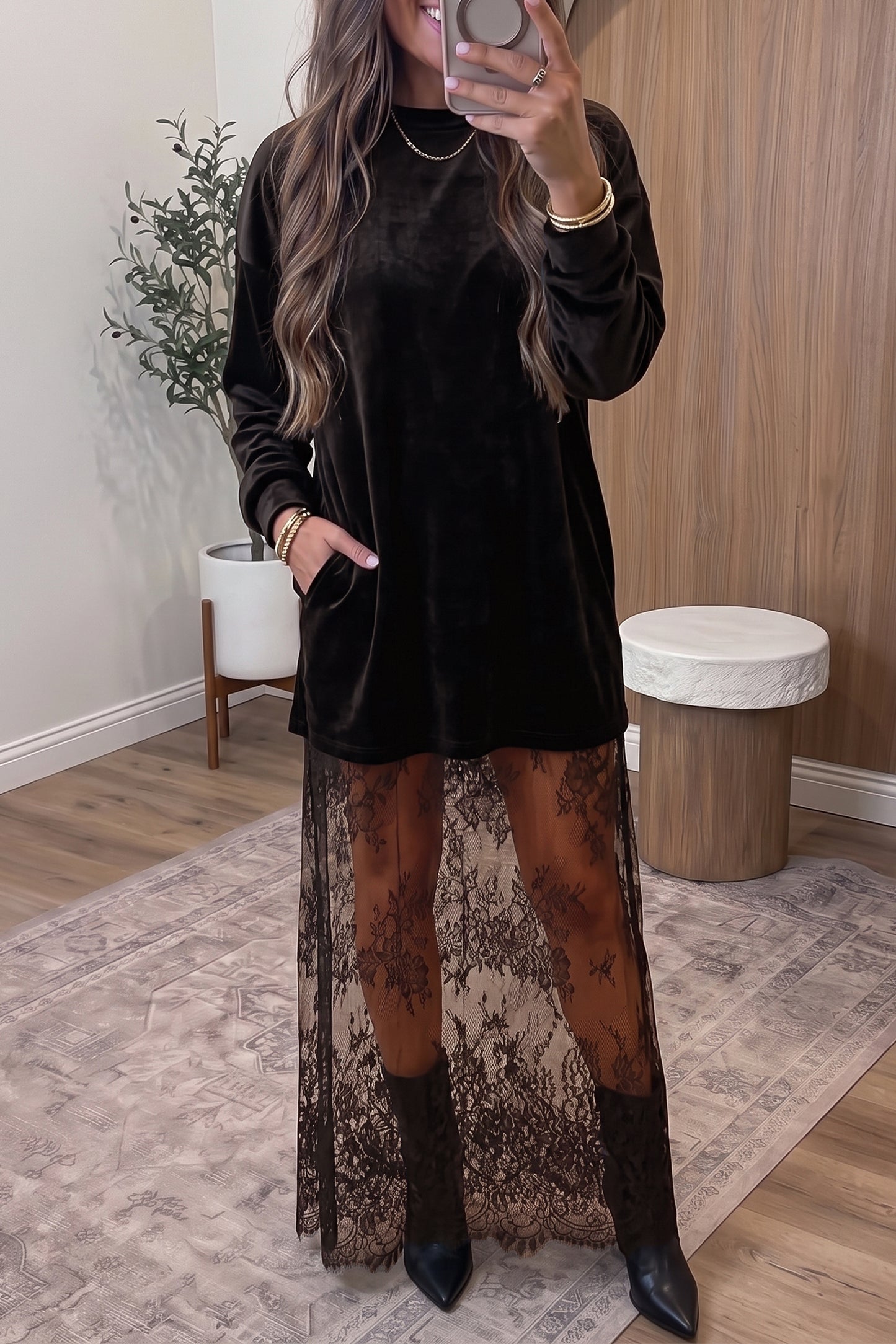 Black Velvet Long Sleeve Lace Splicing Hem Shift Maxi Dress