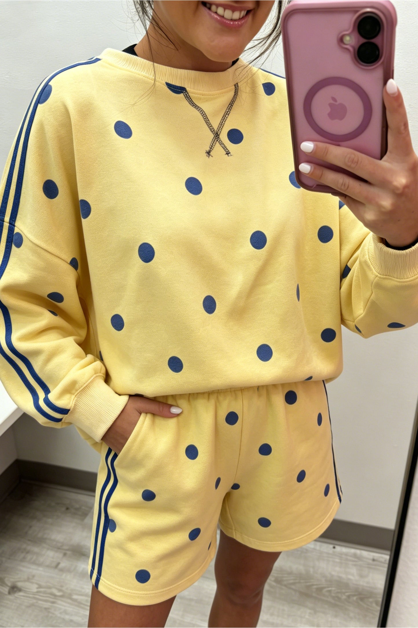 Gray Polka Dot Print Varsity Striped Detail Long Sleeve Top Short Set