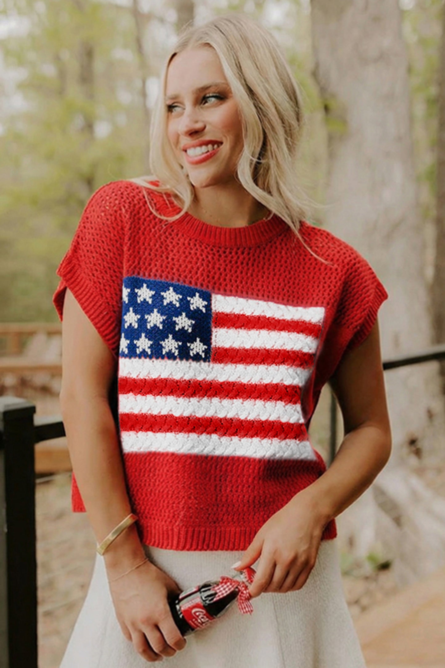 Fiery Red Flag Graphic Short Sleeve Sweater Top
