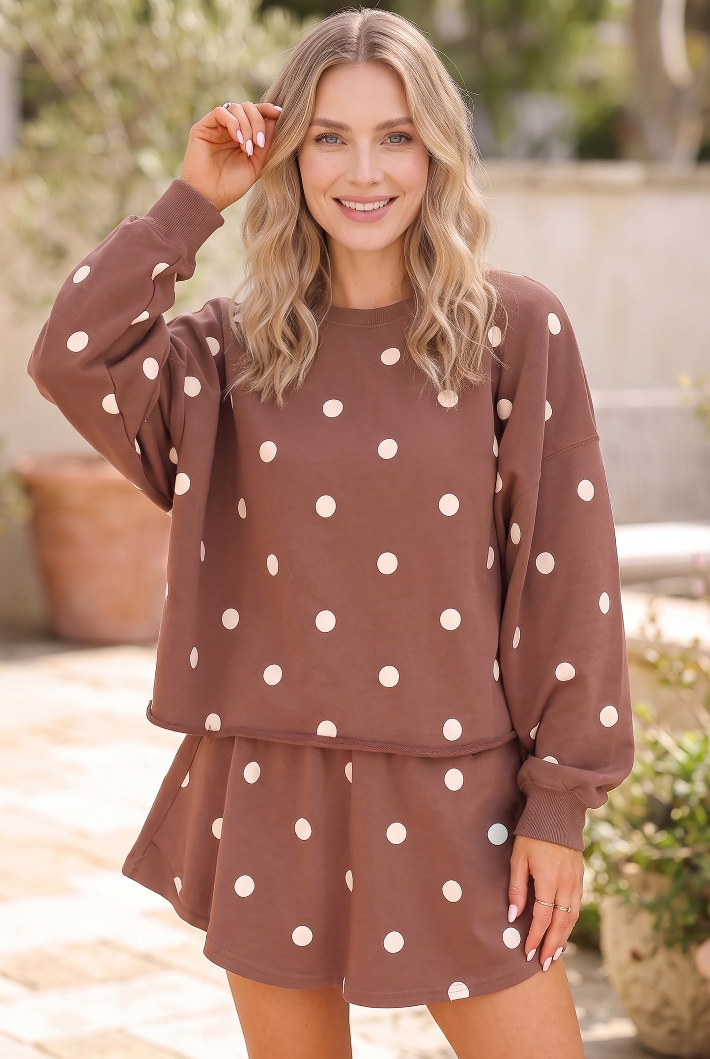 Brown Polka Dot Raw Hem Relaxed Pullover Loose Skort Two Piece Set