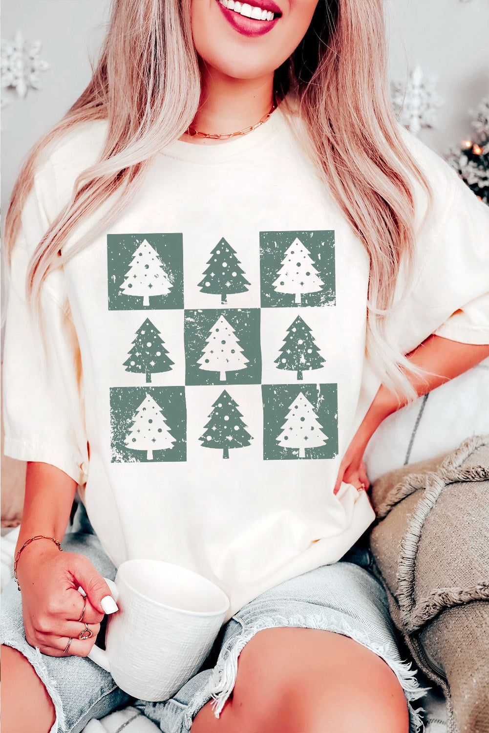 White Christmas Tree Checkered Distressed Graphic Tee