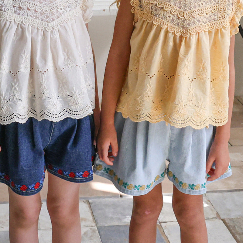 Strawberry Children's Embroidered flower Loose wide-leg Denim shorts