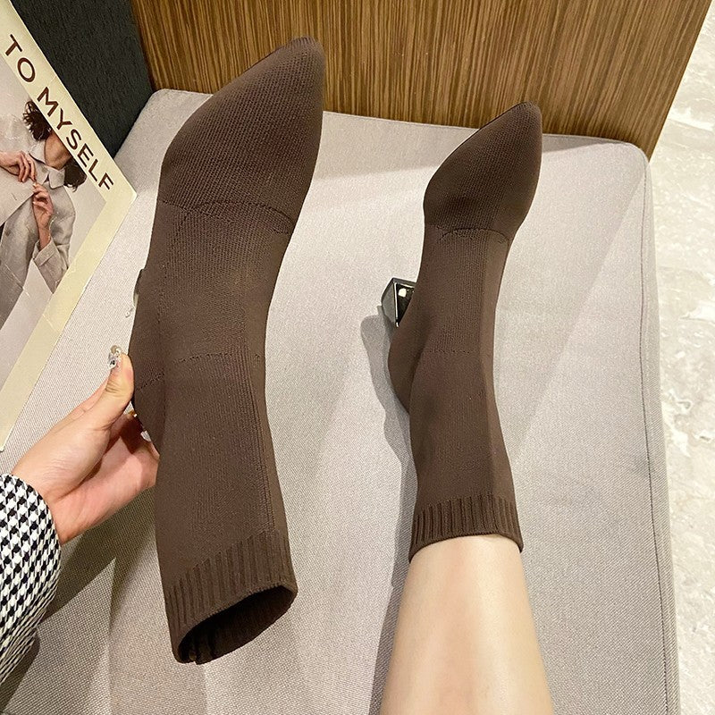thick-heeled sock boots, pointed-toe elastic boots