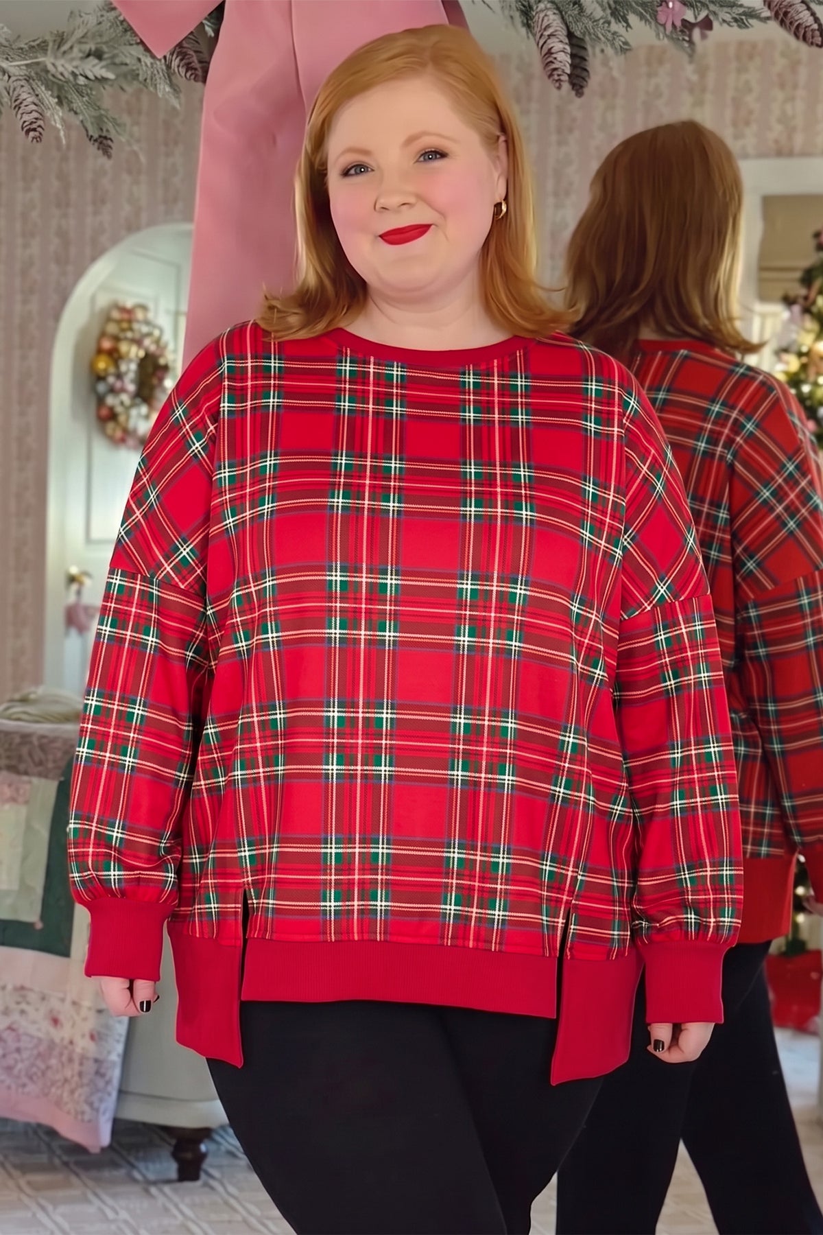 Red Plus Size Festive Plaid Long Sleeve Split Tunic Sweatshirt