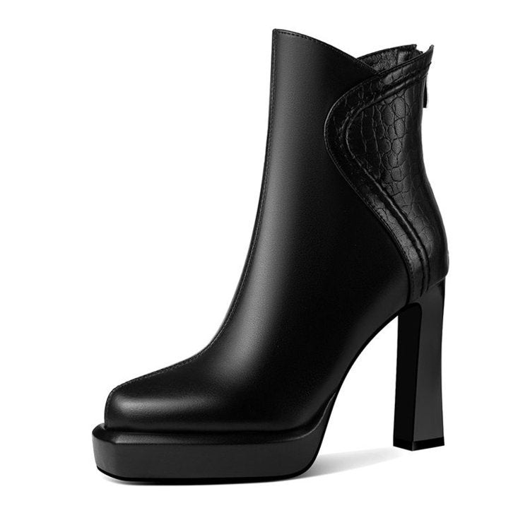 round-toed high-heeled ankle boots for women