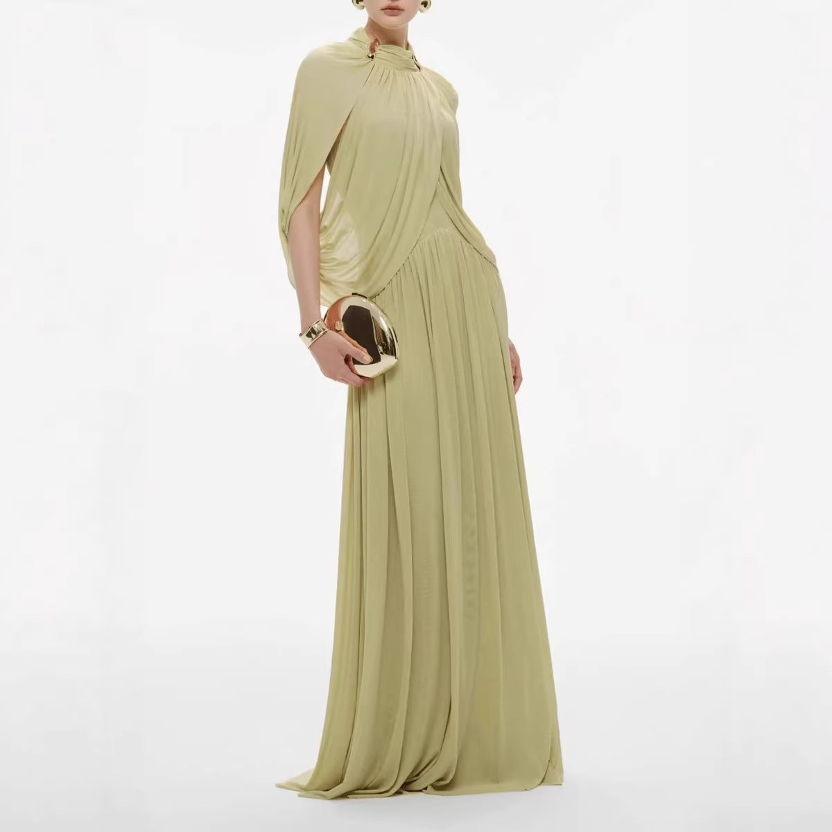 old hollywood cross-sleeved, form-fitting draped dress