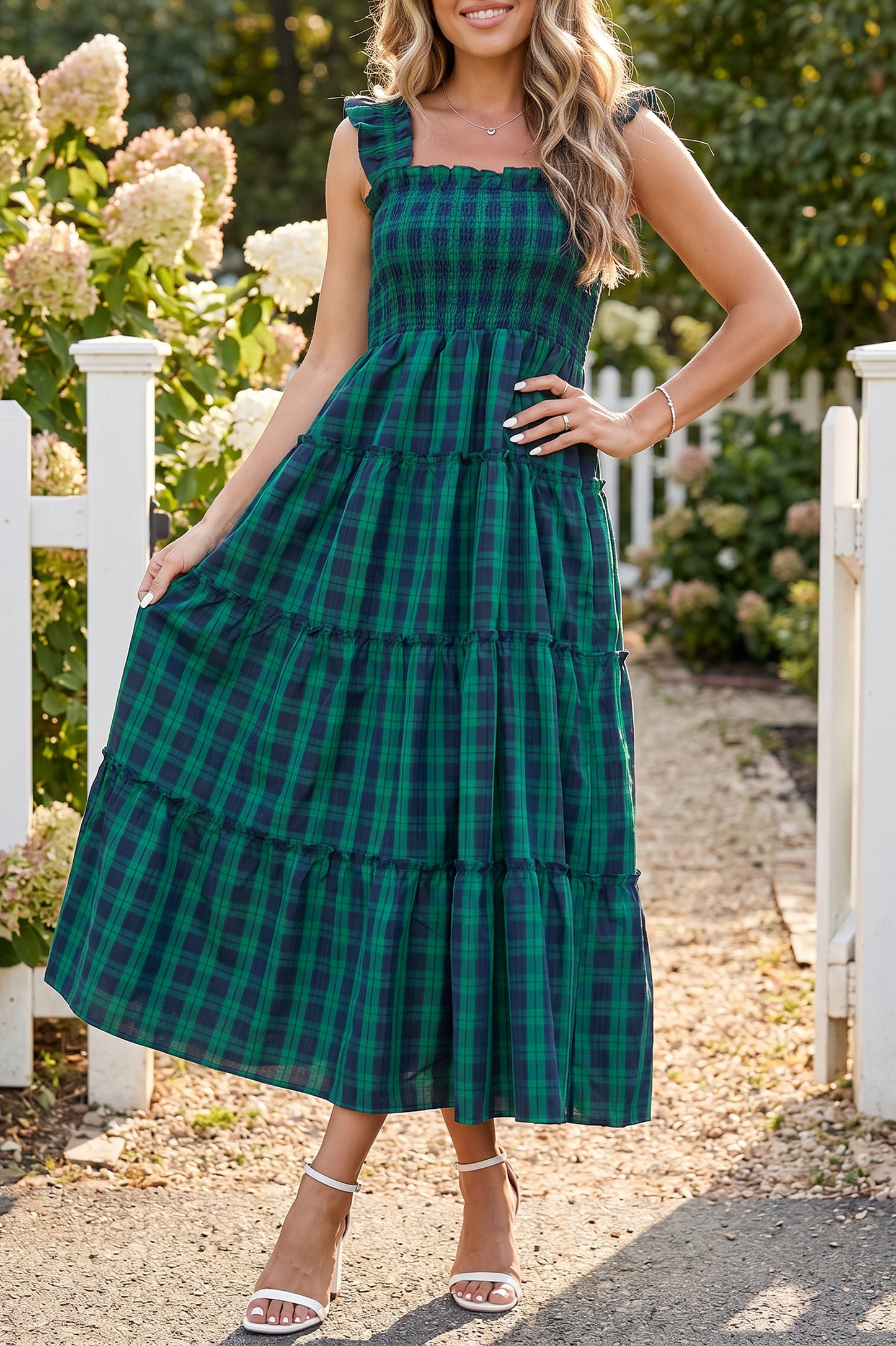 Green Sleeveless Square Neck Plaid Midi Dress with Ruffles and Shirred Bodice