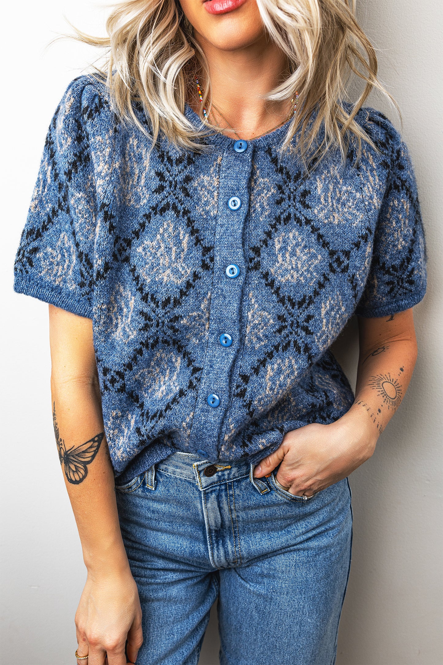 Dark Blue Ethnic Pattern Short Sleeve Button Front Knit Cardigan