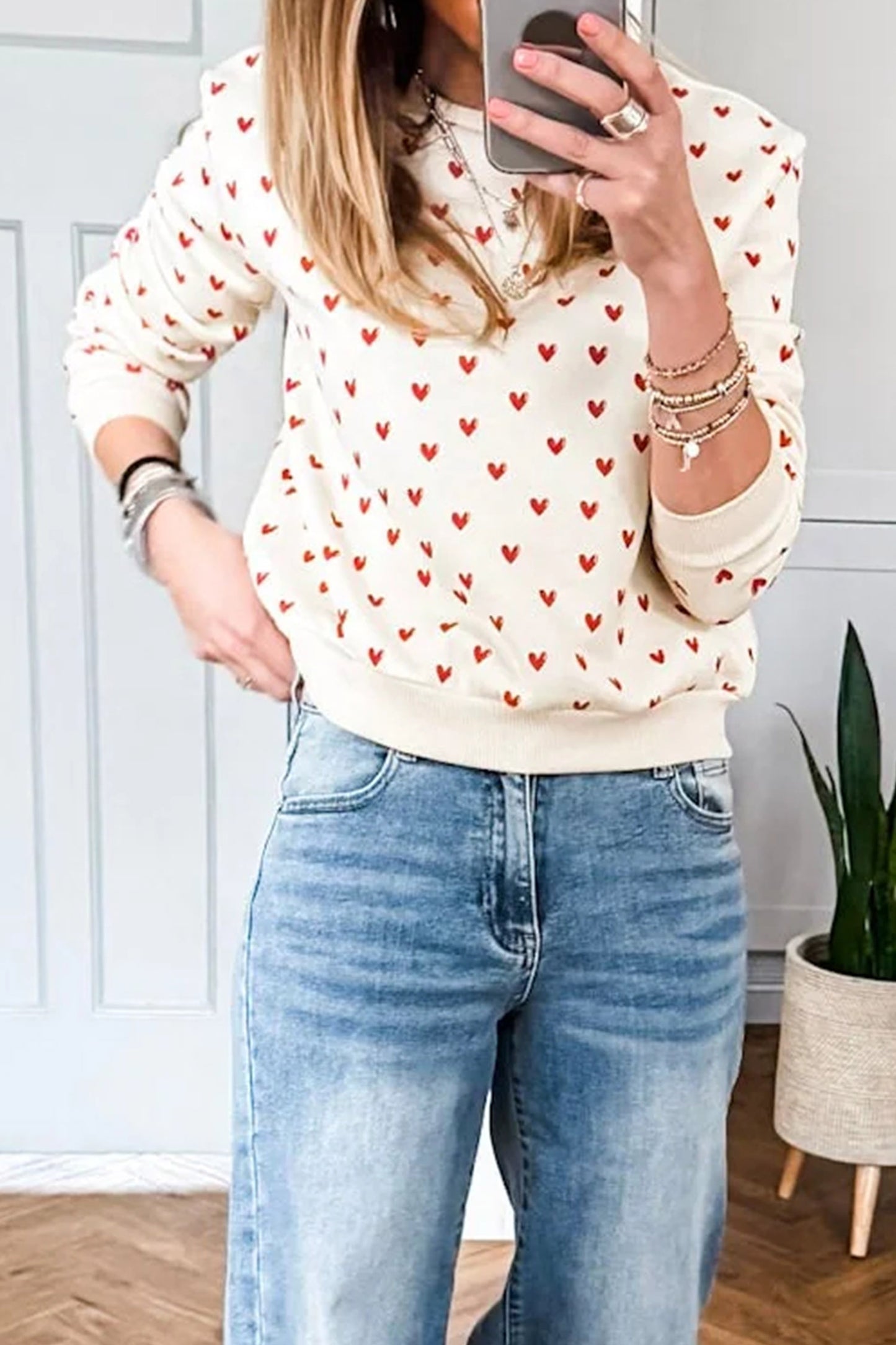 Beige Heart Print Ribbed Trim Casual Sweatshirt