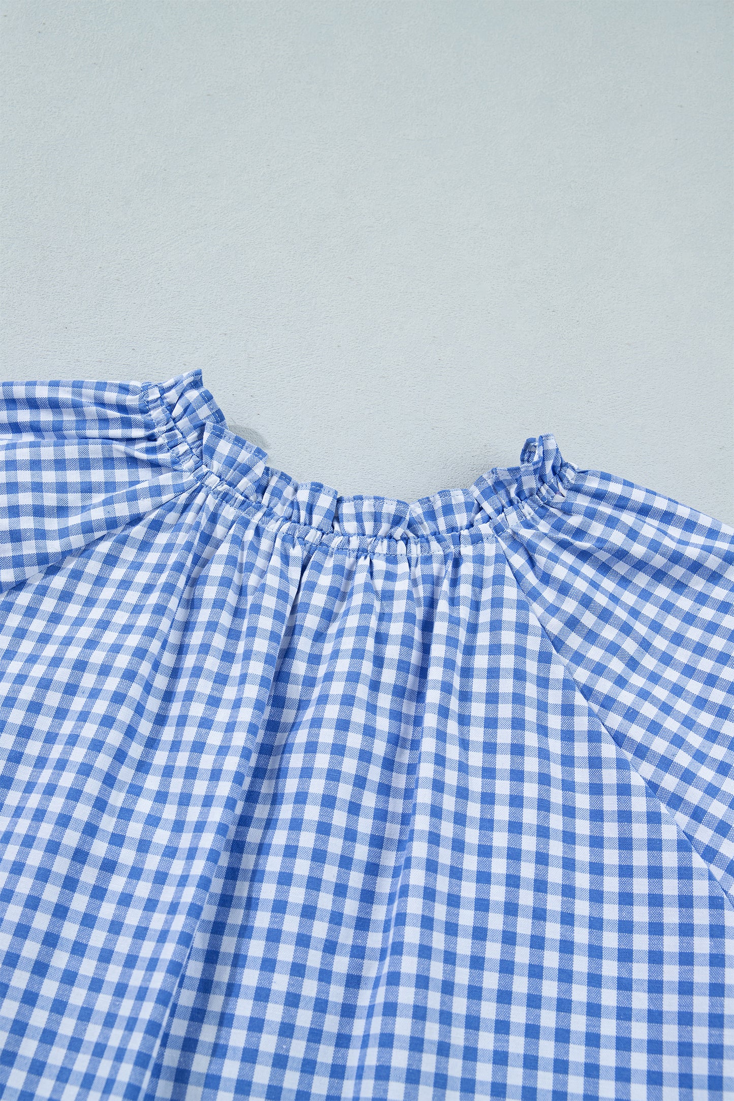 Sky Blue Summer Plaid V Neck Puff Sleeve Blouse