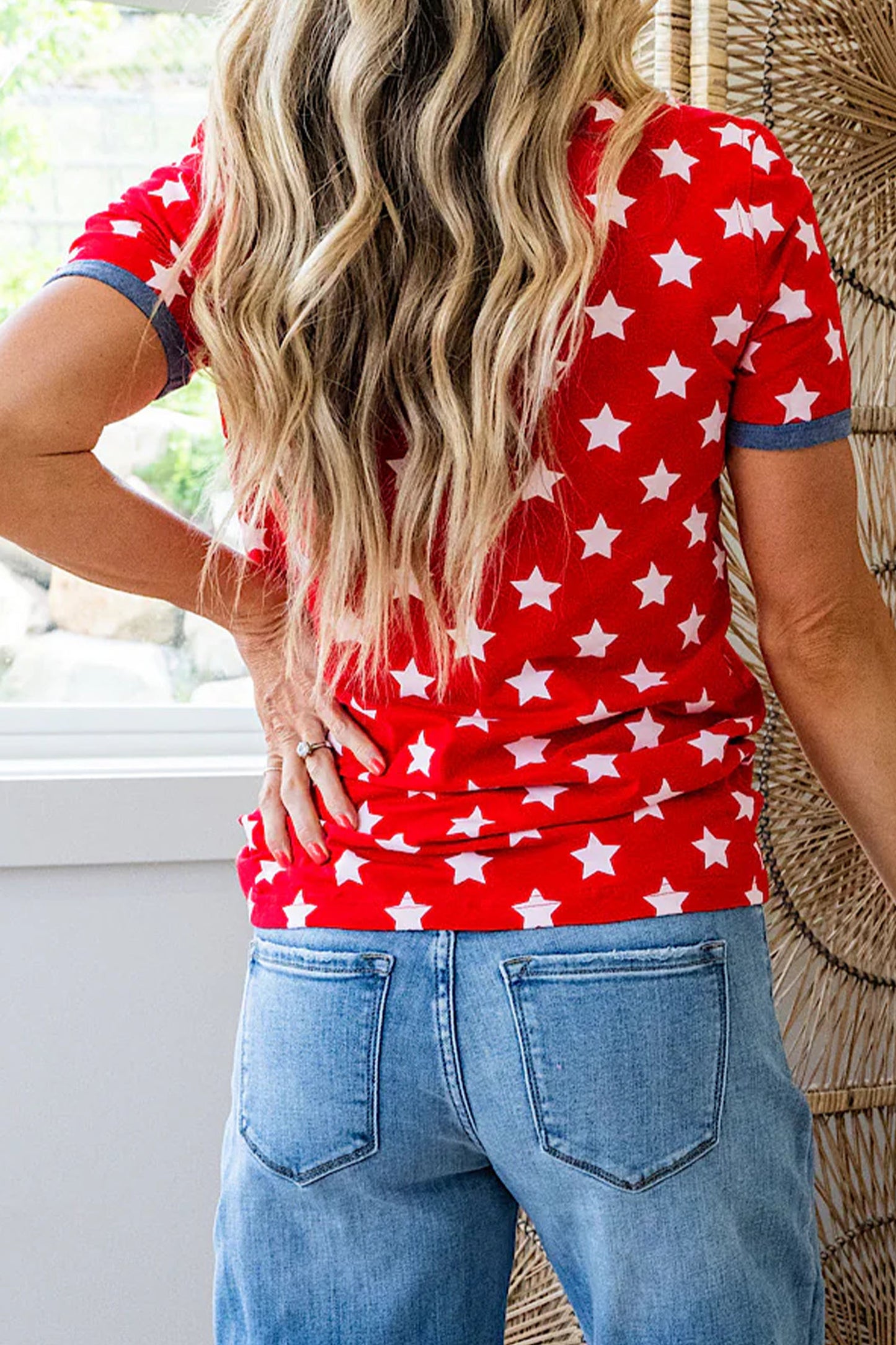 Red Patriotic Star Print Contrast Round Neck Cuffed Tee