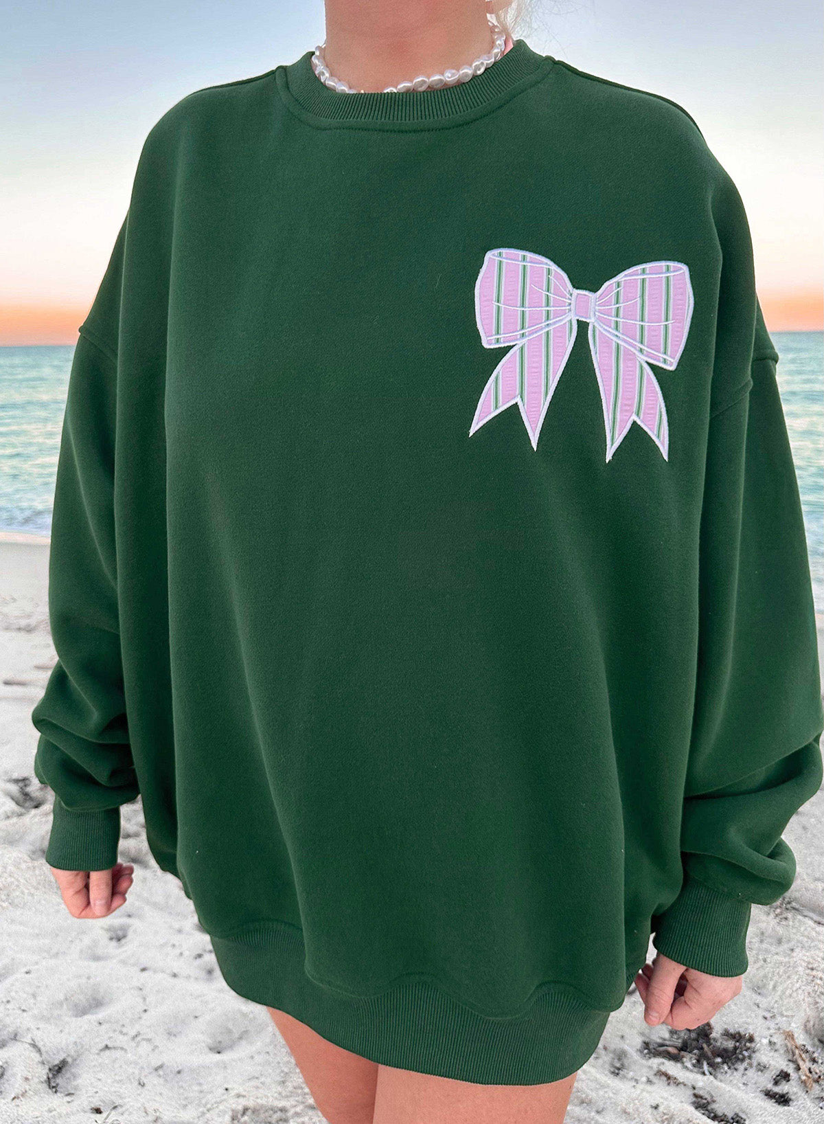 Blackish Green Striped Bow Graphic Oversized Sweatshirt