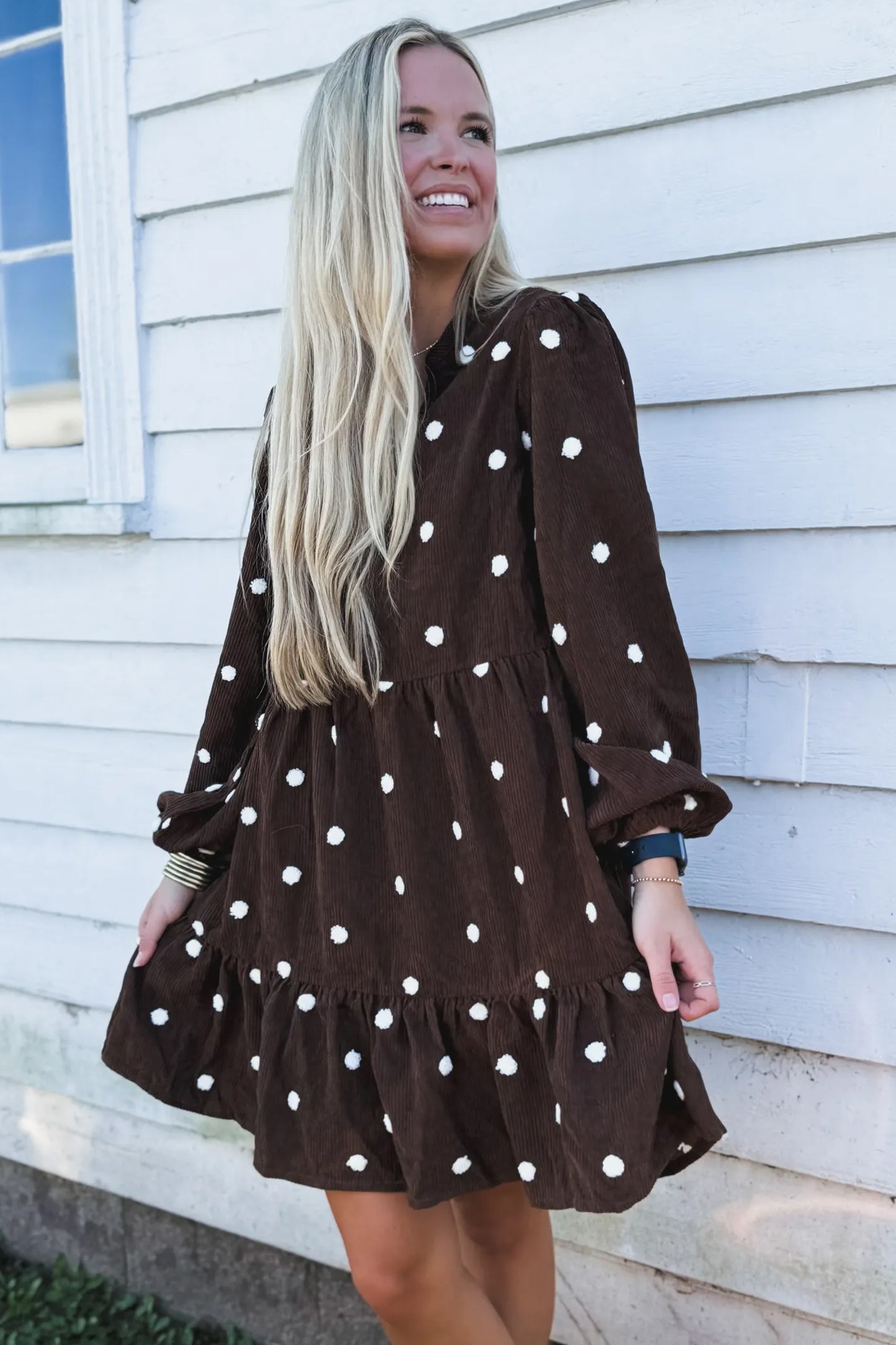 Chicory Coffee  Corduroy Polka-Dot Dress