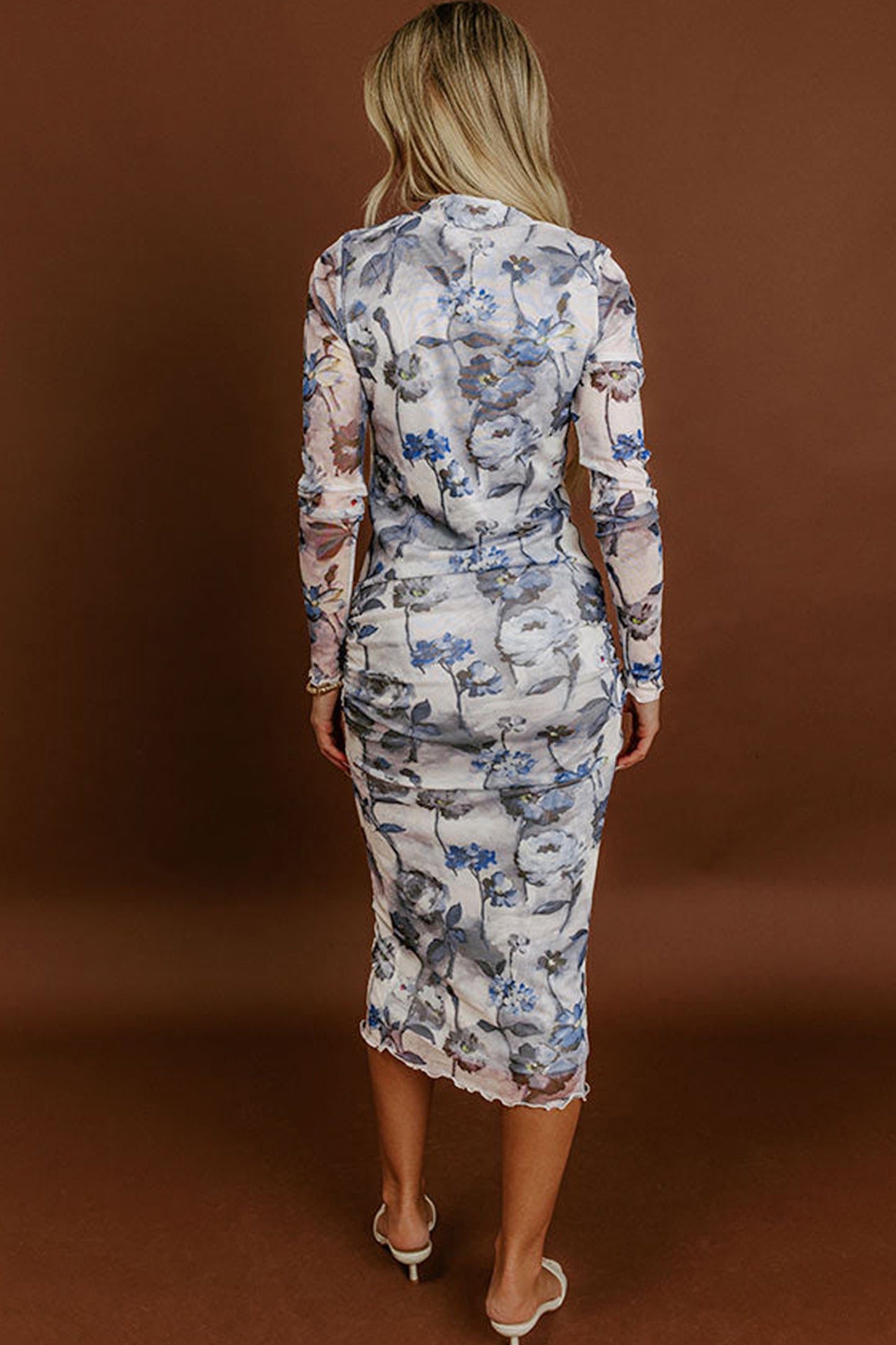 Sky Blue Floral Print Long Sleeve Sheath Dress Elegant Hem Serging Cuff Decoration Daily Wear