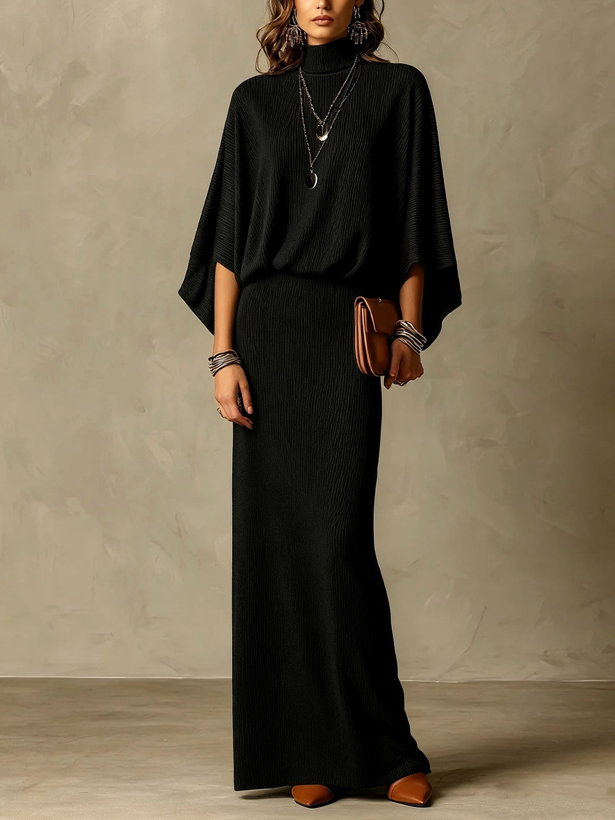 Solid-color bat wing jacket and form-fitting two-piece set