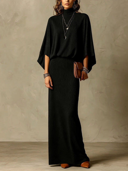 Solid-color bat wing jacket and form-fitting two-piece set
