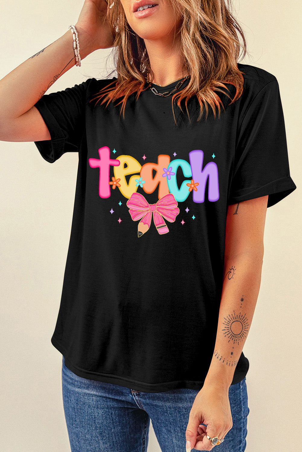 Black Teach Bow Heat Transfer Printing Graphic Holiday Tee
