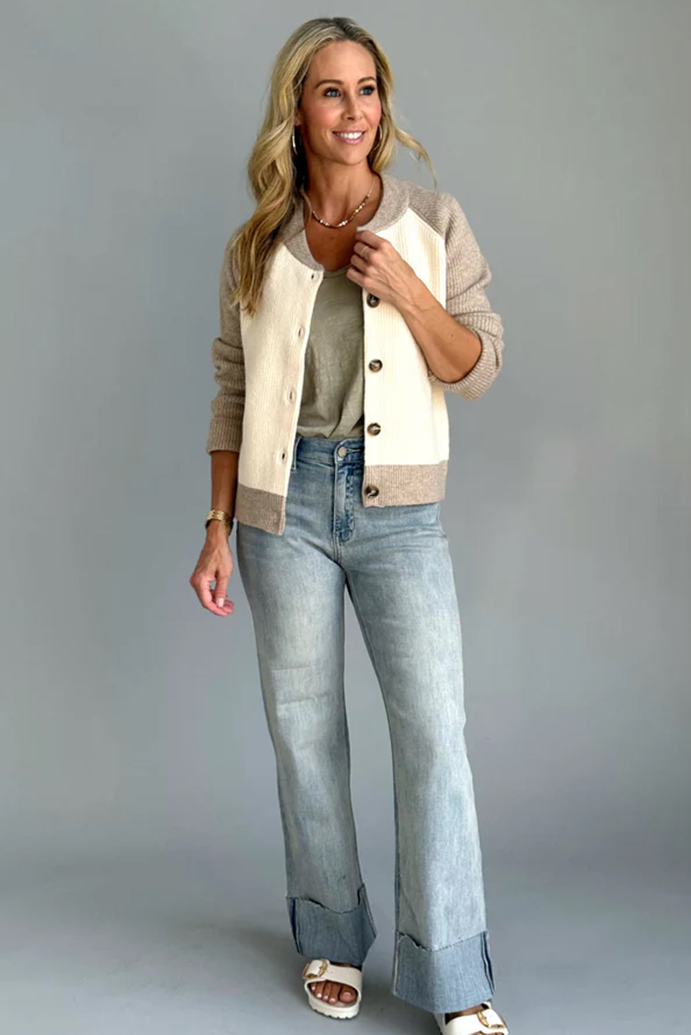 White Colorblock Button Front Casual Cardigan