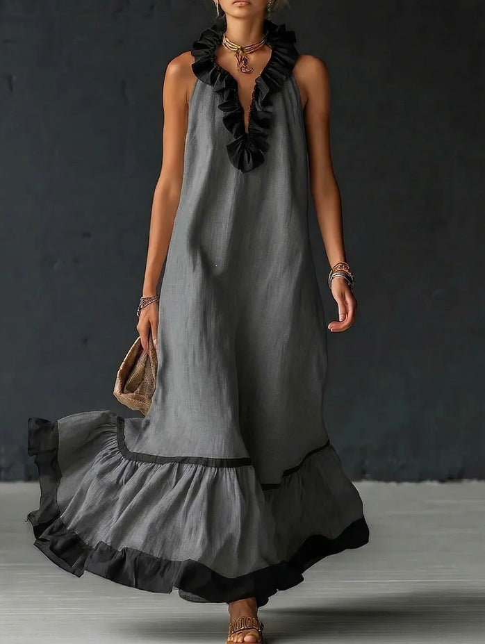 sleeveless V-neck loose ruffled long dress