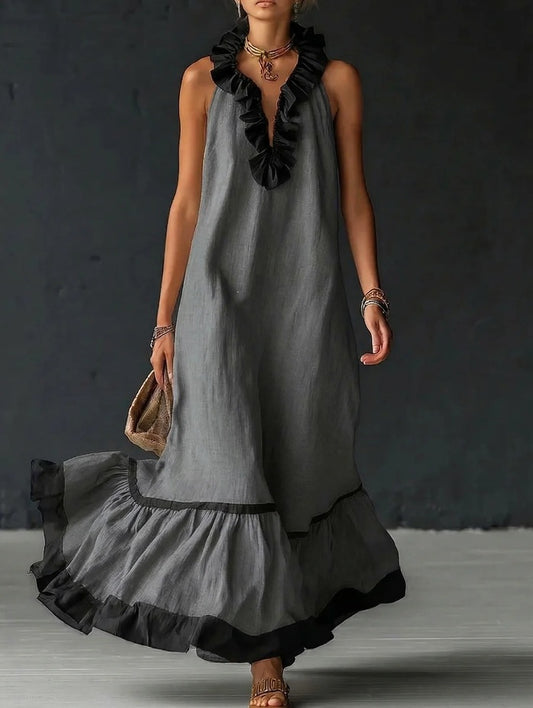 sleeveless V-neck loose ruffled long dress