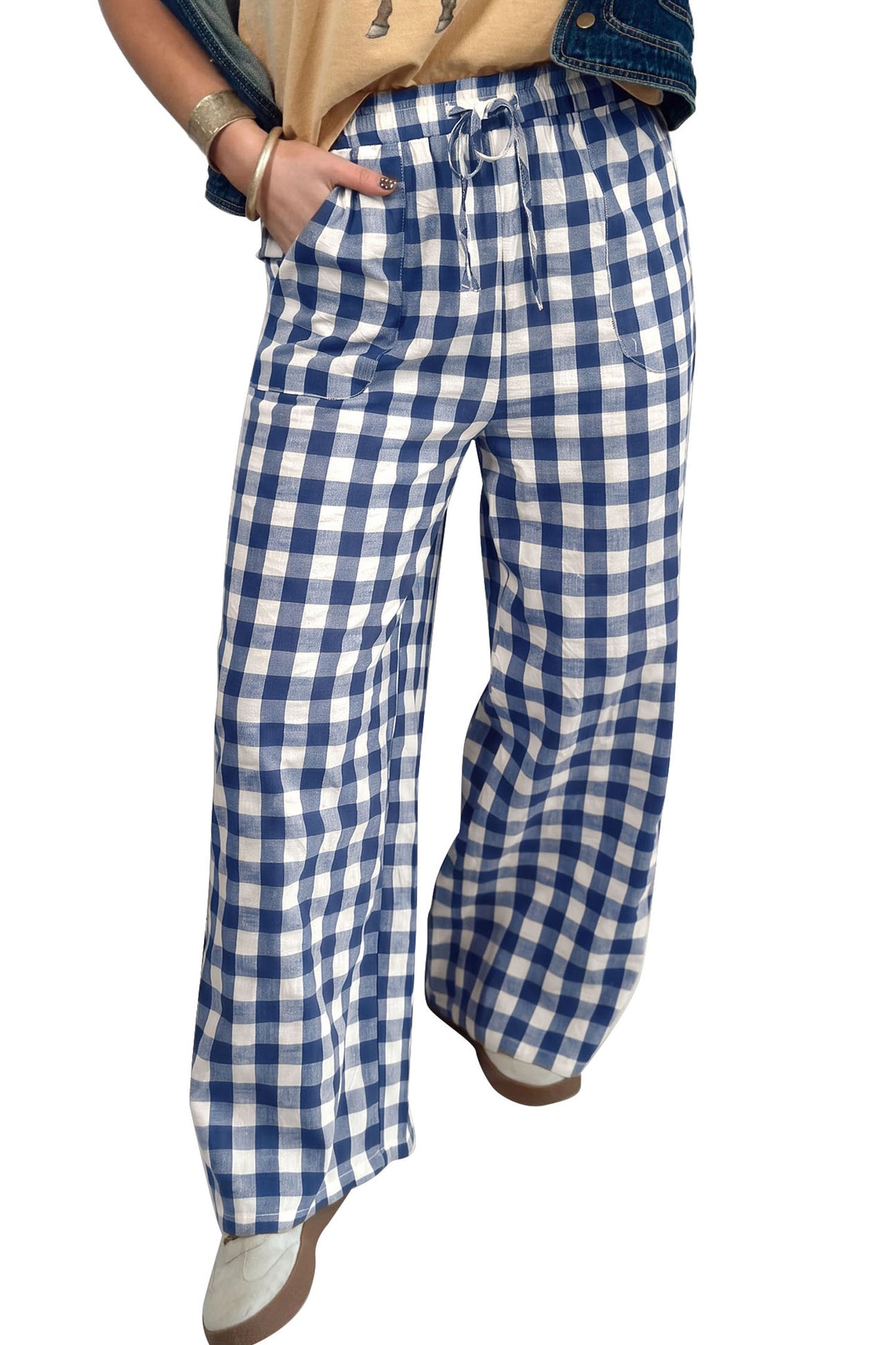 Blue Gingham Plaid Tie Elastic Waist Shift Pants