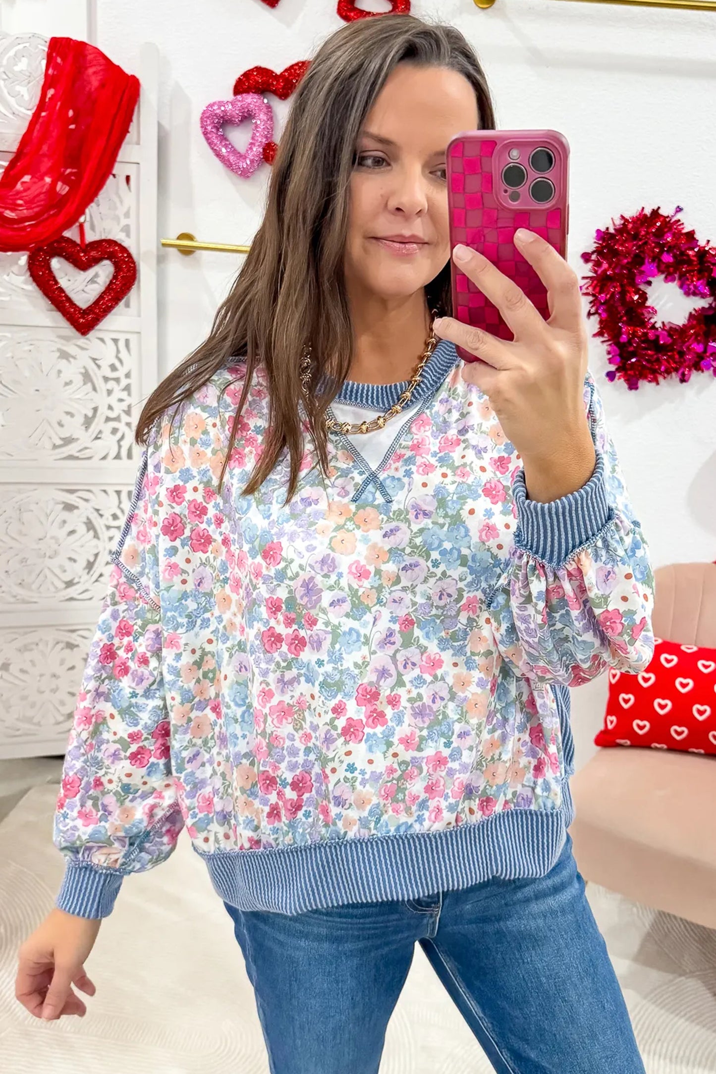 Multicolour Floral Print Twisted Ribbed Detail Long Sleeve Top