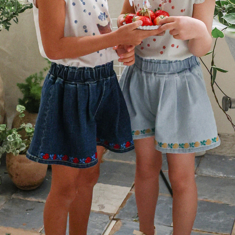 Strawberry Children's Embroidered flower Loose wide-leg Denim shorts