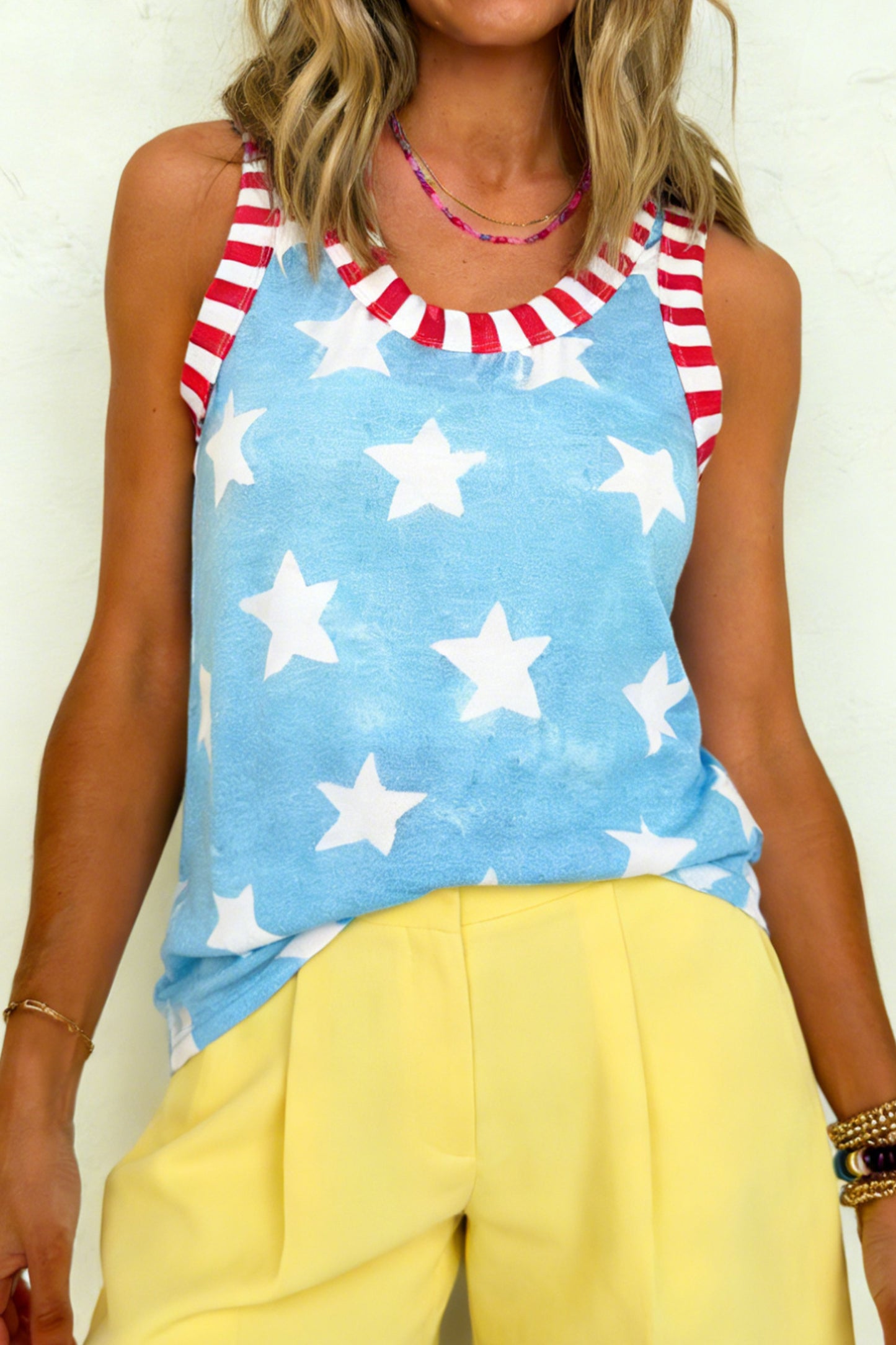 Sky Blue Tie Dye Star Print Striped Trim Round Neck Casual Tank Top