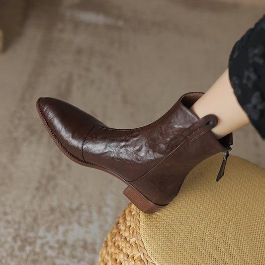 Pointed-toe Western cowboy boots, chunky-heeled stylish ankle boots